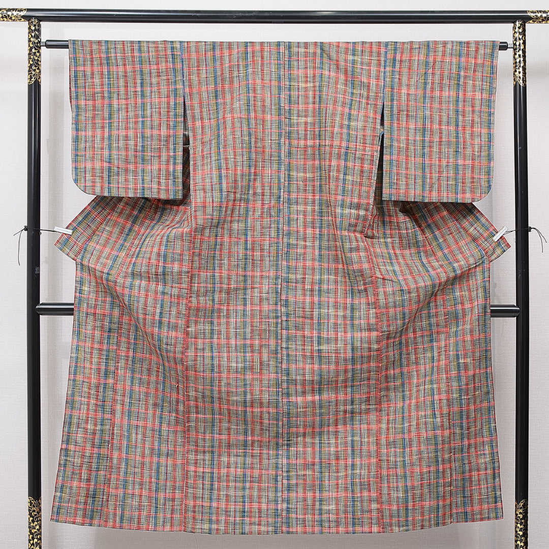 紬 単衣 身丈150cm 裄丈61cm 正絹 Sランク カジュアル バチ衿 Sサイズ 格子 多色系 RP 1223-15728
