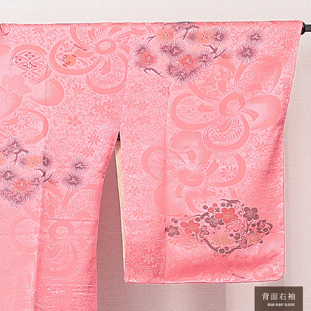 アンティーク 道行コート（お召） 袷 身丈98cm 裄丈65cm 正絹 Bランク Mサイズ ポケットあり 梅 ピンク系 1263-15276