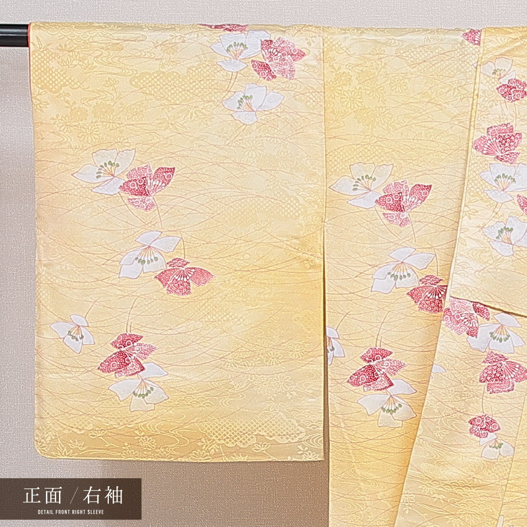 洗える着物 小紋 袷 身丈157cm 裄丈64cm ポリエステル Cランク インフォーマル バチ衿 Mサイズ 花柄 黄系 LP 1221-16433