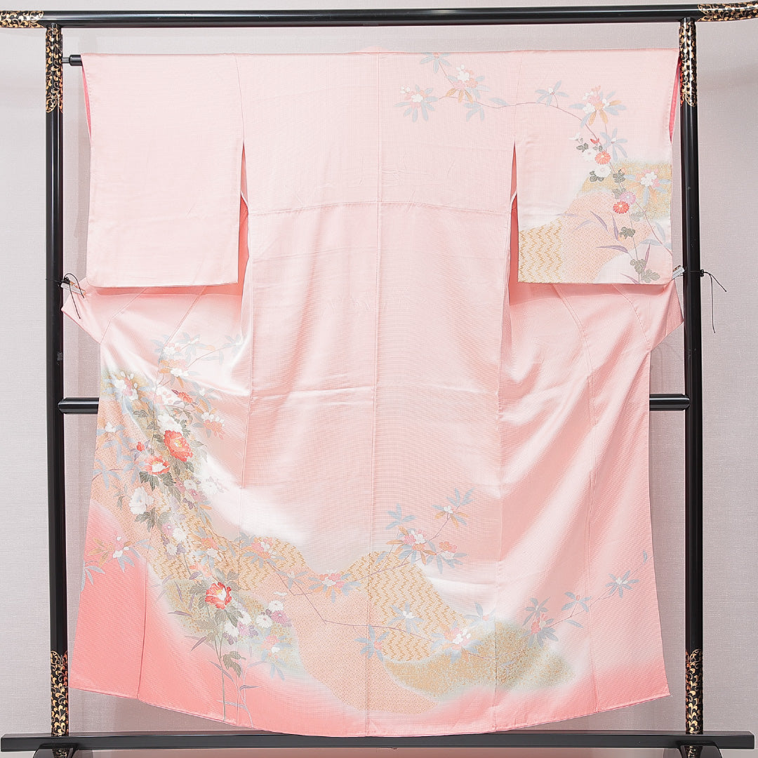 訪問着 袷 身丈153cm 裄丈64cm 正絹 Cランク セミフォーマル 広衿 Sサイズ 金彩 七宝 牡丹 ピンク系 LP 1217-15196