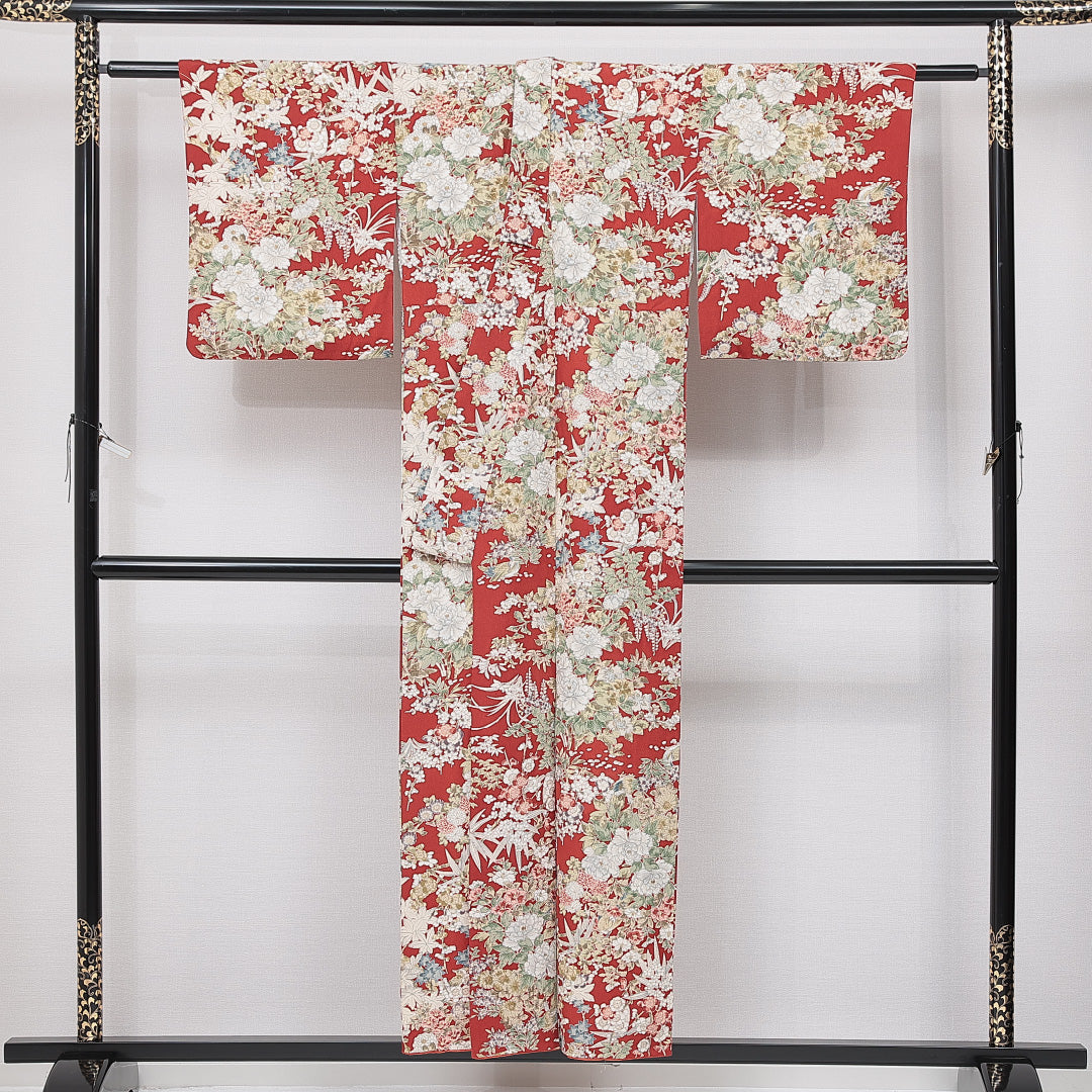 小紋 袷 身丈151cm 裄丈65cm 正絹 Sランク インフォーマル バチ衿 Sサイズ 花柄 牡丹 赤系 RP 1221-15045