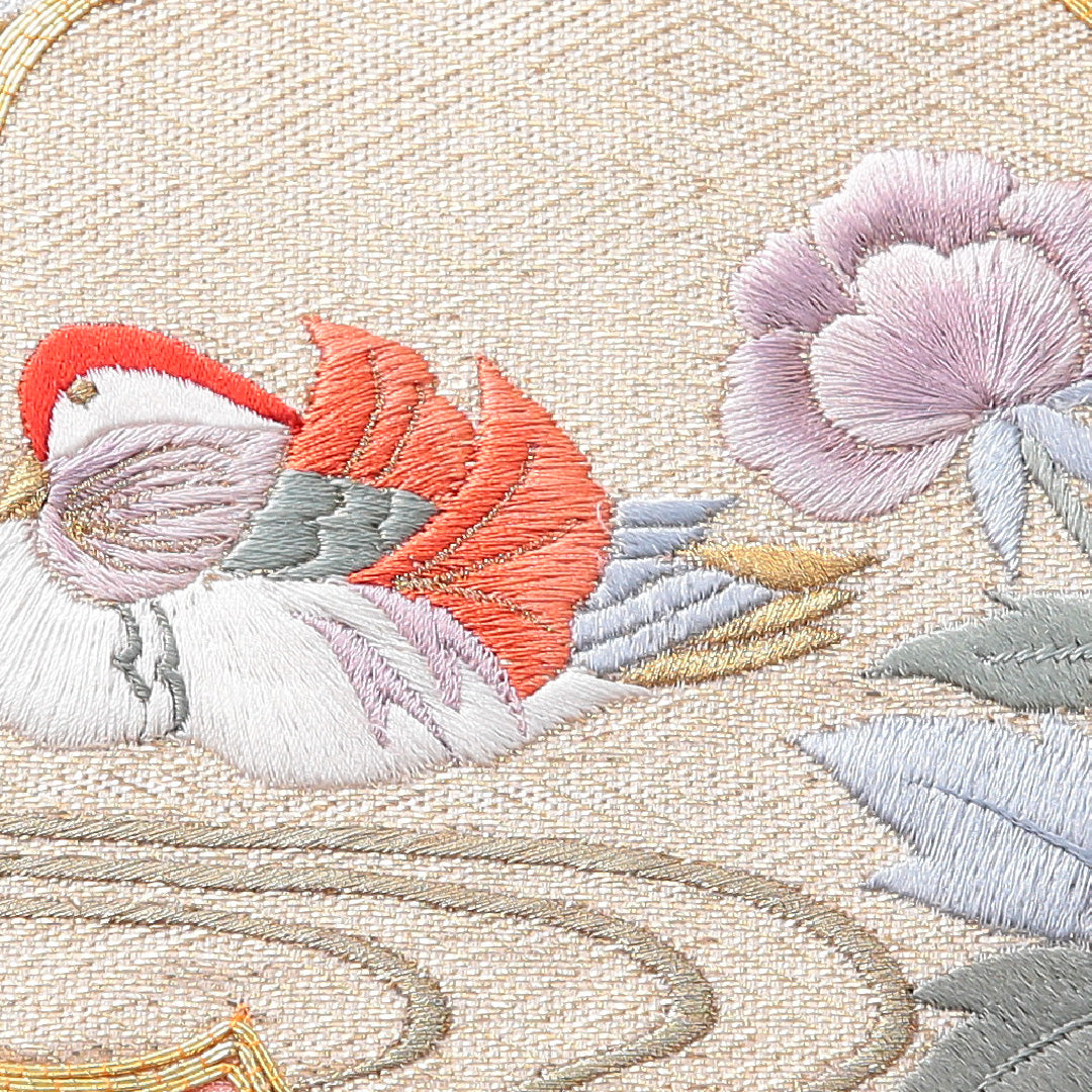 九寸名古屋帯 帯丈355cm セミフォーマル 名古屋仕立て ポイント柄 Sランク 正絹 蘇州刺繍 金駒刺繍 鴛鴦 牡丹 クリーム系 銀系 1224-03912