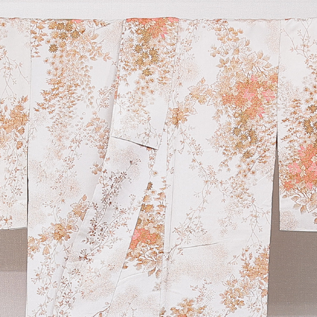 お召 袷 身丈152cm 裄丈63cm 正絹 Cランク Sサイズ 広衿 インフォーマル 牡丹 白系 金系 1265-15742