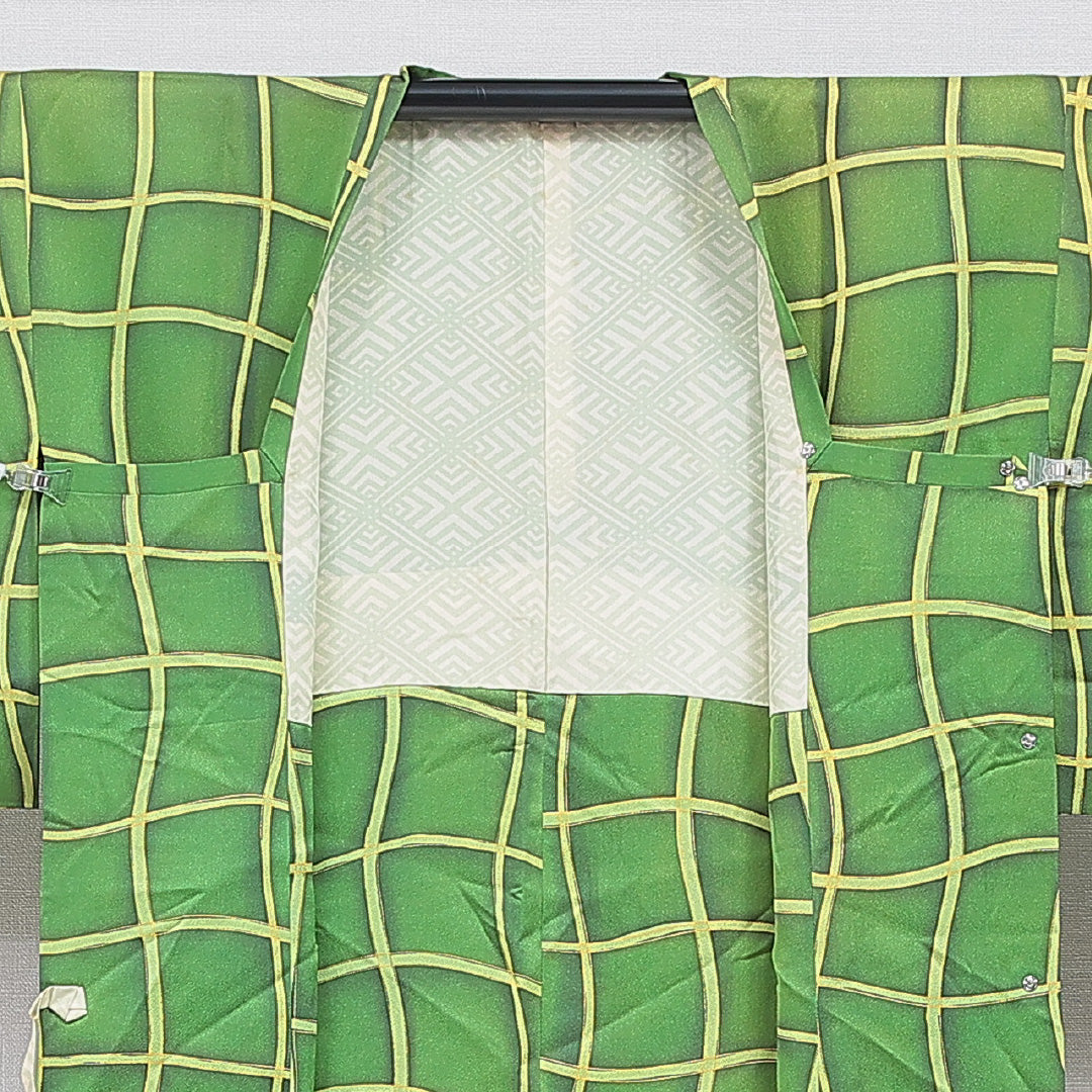 道行コート 洗える着物 袷 身丈81cm 裄丈65cm ポリエステル Aランク Mサイズ インフォーマル ポケットあり 格子 緑系 1263-16861