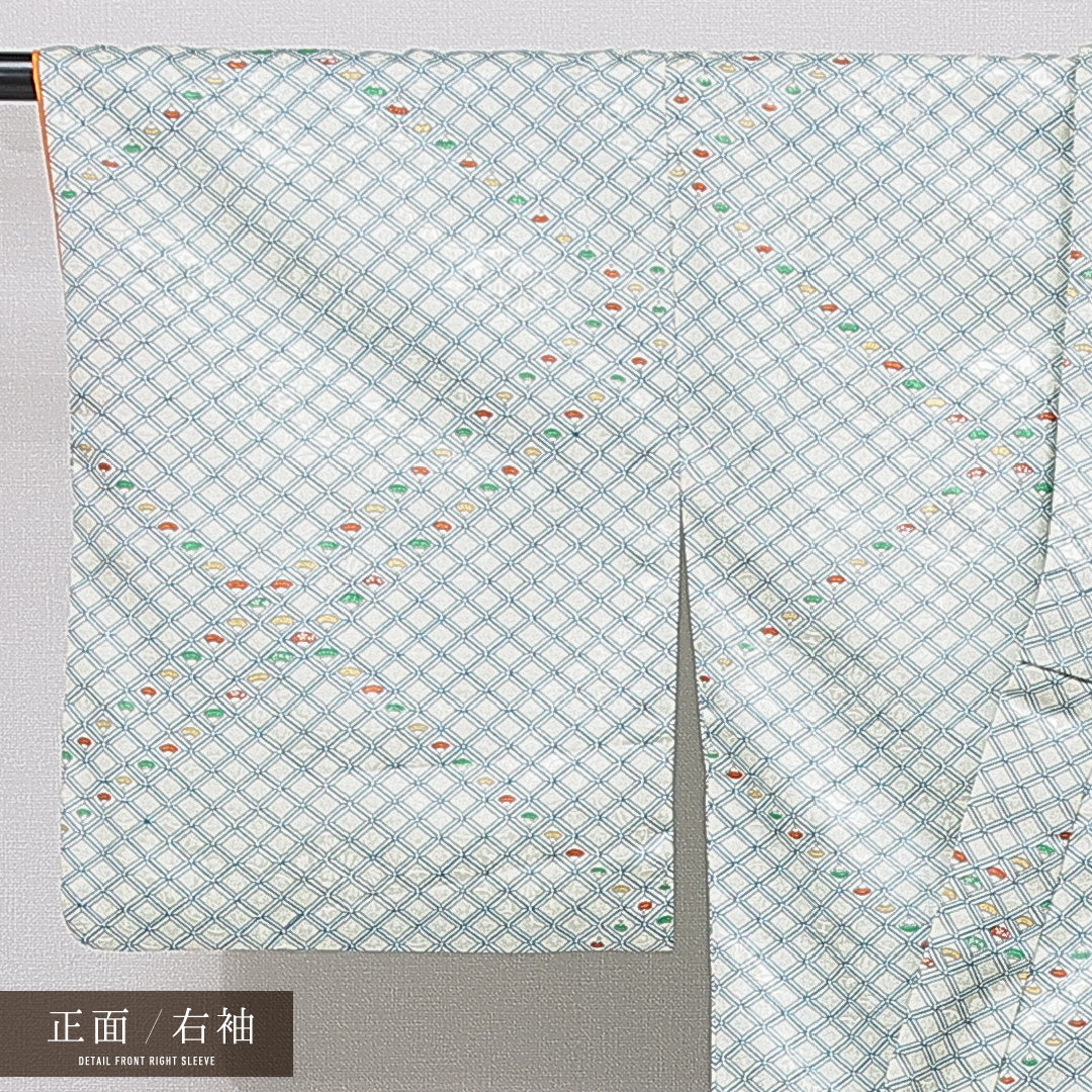 洗える着物 小紋 袷 身丈153cm 裄丈61cm ポリエステル Sランク インフォーマル バチ衿 Sサイズ 扇 白系 RP 1221-15814