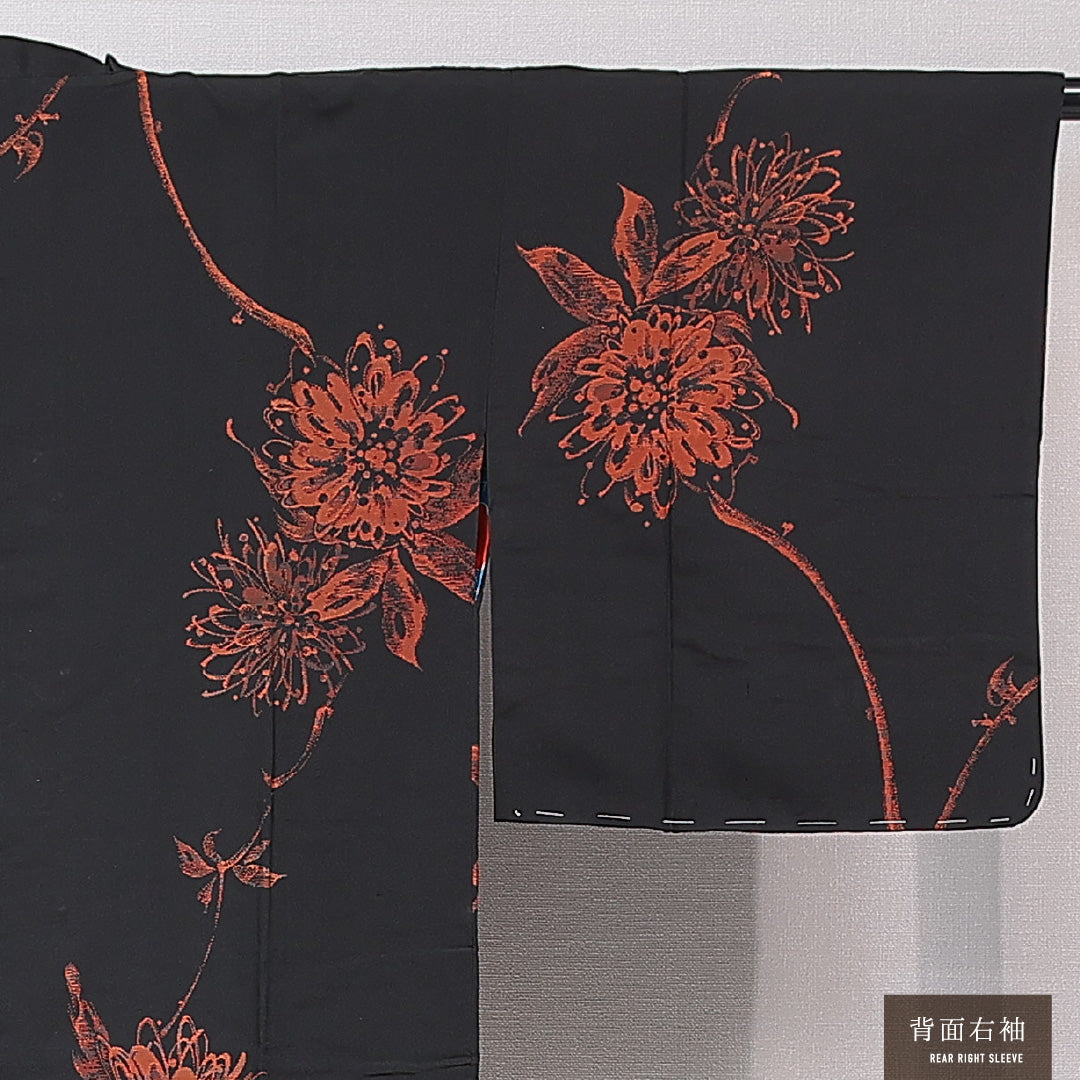 アンティーク 道行コート（お召） 袷 身丈88cm 裄丈62cm 正絹 Aランク Sサイズ ポケットあり 花柄 黒系 1263-16802