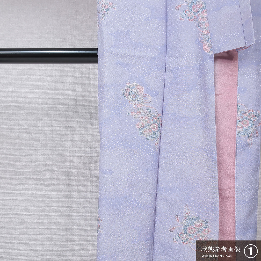 洗える着物 小紋 袷 身丈154cm 裄丈62cm ポリエステル Bランク インフォーマル バチ衿 Sサイズ 椿 吉祥文様 紫系 HP 1221-15848