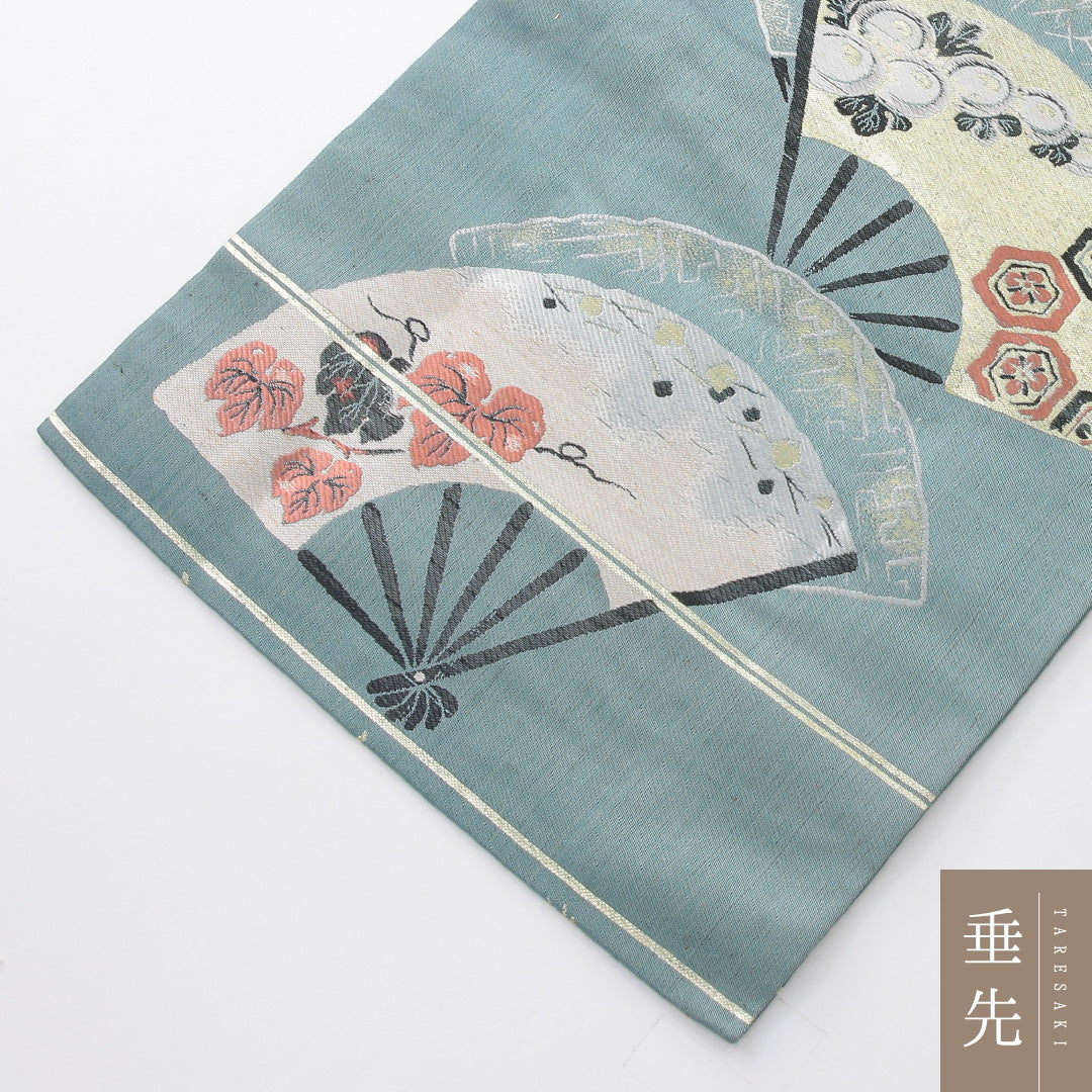 アンティーク 九寸名古屋帯 帯丈348cm 名古屋仕立て 六通 Cランク 正絹 扇子 菊 緑系 青系 1224-03971