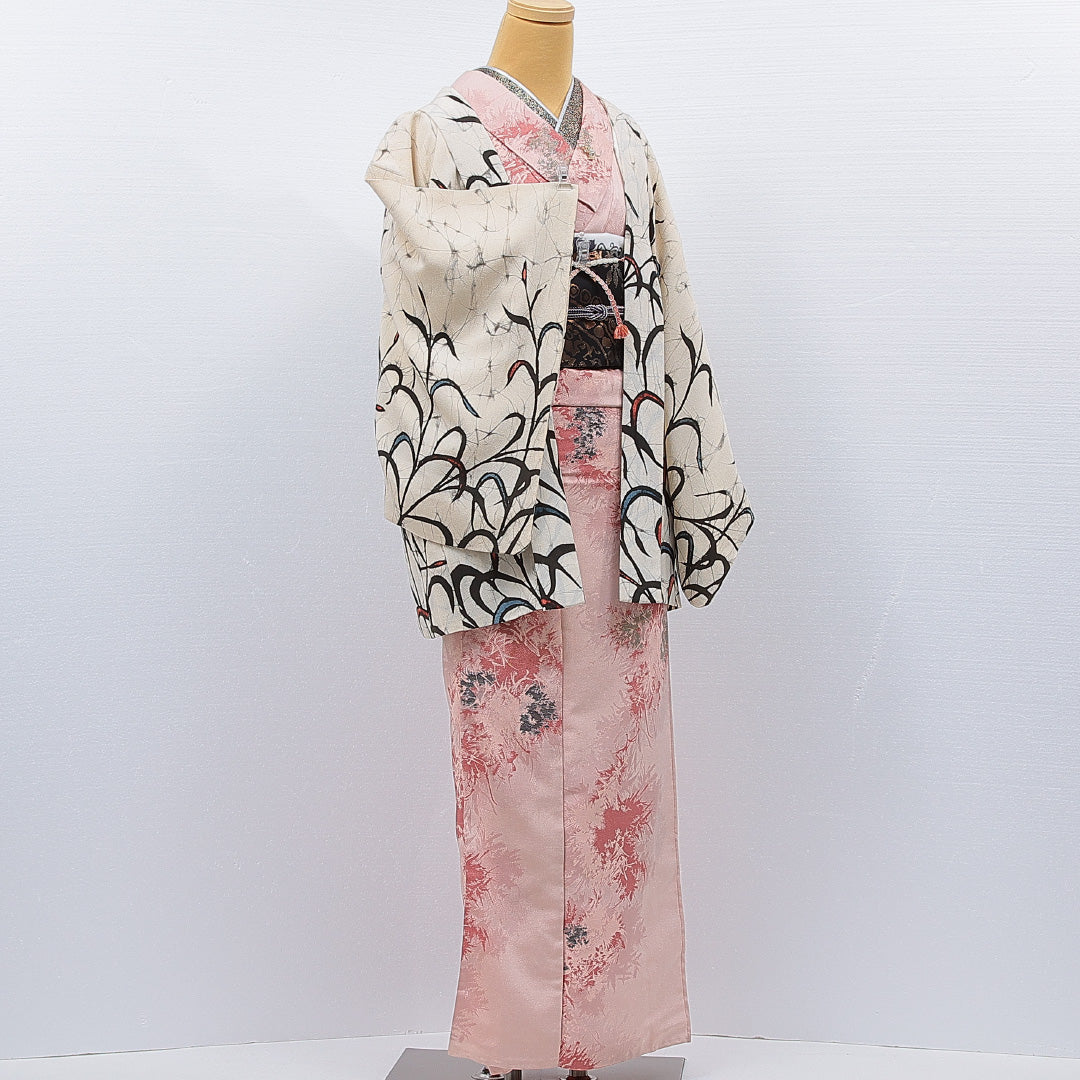 絵羽羽織 袷 身丈75cm 裄丈62cm 正絹 Cランク インフォーマル Sサイズ 紐あり 植物柄 クリーム系 HP 1234-15258