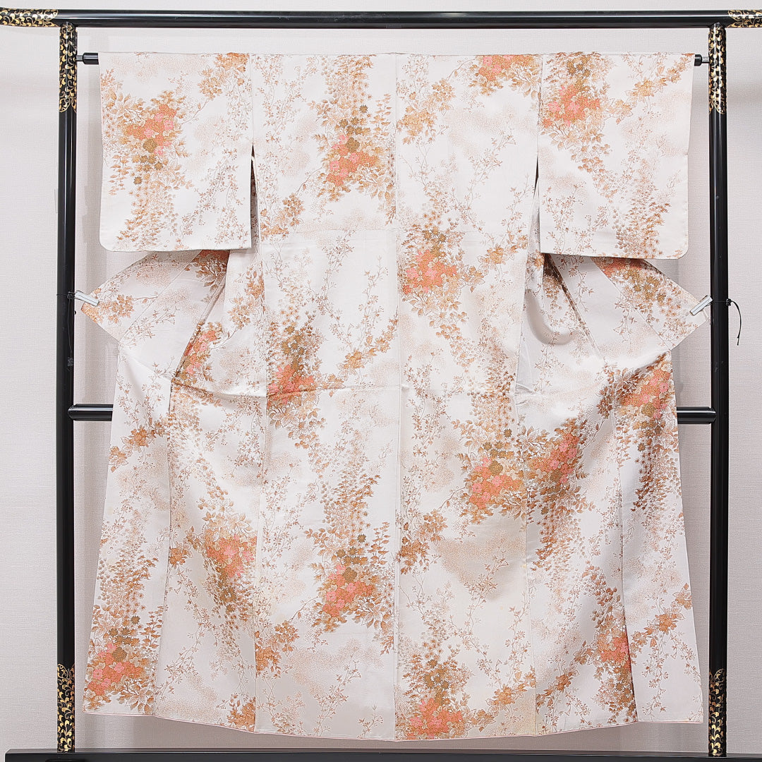 お召 袷 身丈152cm 裄丈63cm 正絹 Cランク Sサイズ 広衿 インフォーマル 牡丹 白系 金系 1265-15742