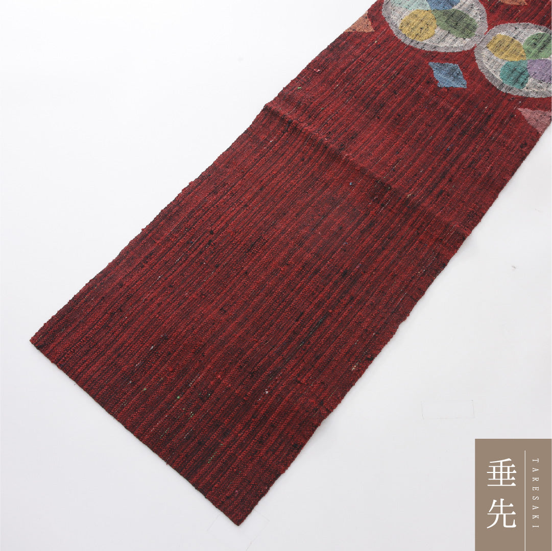 八寸名古屋帯 Sランク 帯丈361cm 正絹 ポイント柄 松葉仕立て 織り カジュアル 紬 丸文 赤系 RP 1245-04020