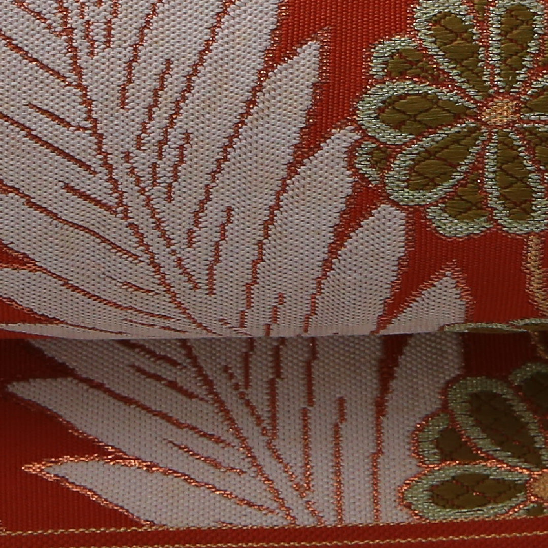 アンティーク 九寸名古屋帯 帯丈345cm カジュアル 名古屋仕立て 六通 Aランク 正絹 菊 朱系 1224-03532