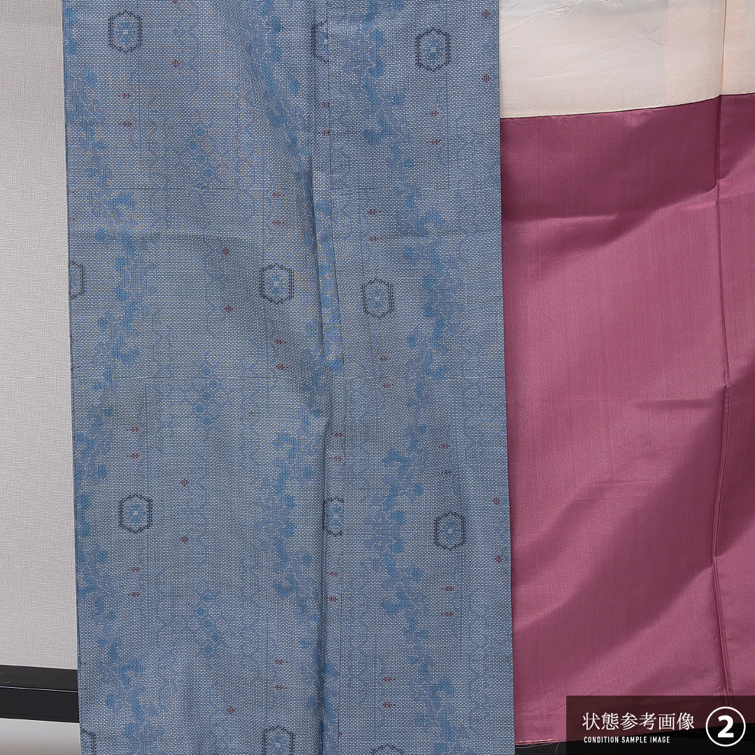 大島紬 袷 身丈157cm 裄丈62cm 正絹 Bランク インフォーマル 広衿 Mサイズ 花柄 水色系 RP 1223-15031