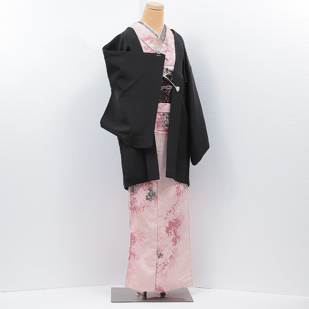 黒羽織 袷 身丈82cm 裄丈32cm 正絹 Sランク 一つ紋 (五三桐) セミフォーマル Sサイズ 紐あり 桔梗 黒系 RP 1233-15307