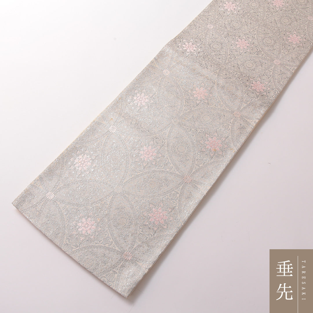袋帯 帯丈420cm 正絹 六通 フォーマル 宝相華 唐草華文 七宝 銀系 1243-01843