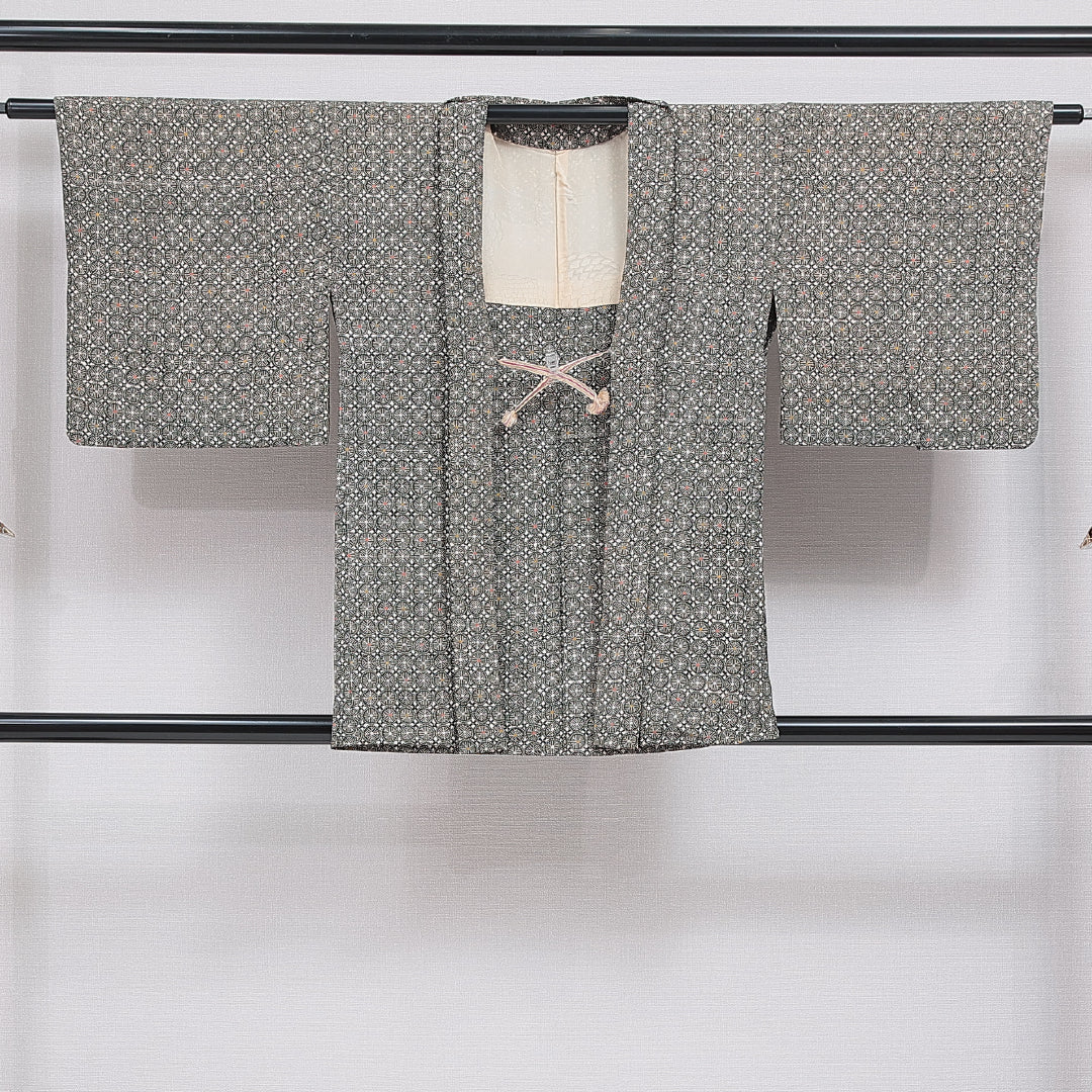 羽織 袷 身丈82cm 裄丈63cm 正絹 Aランク カジュアル Sサイズ 紐あり 創作柄 緑系 RP 1232-16195