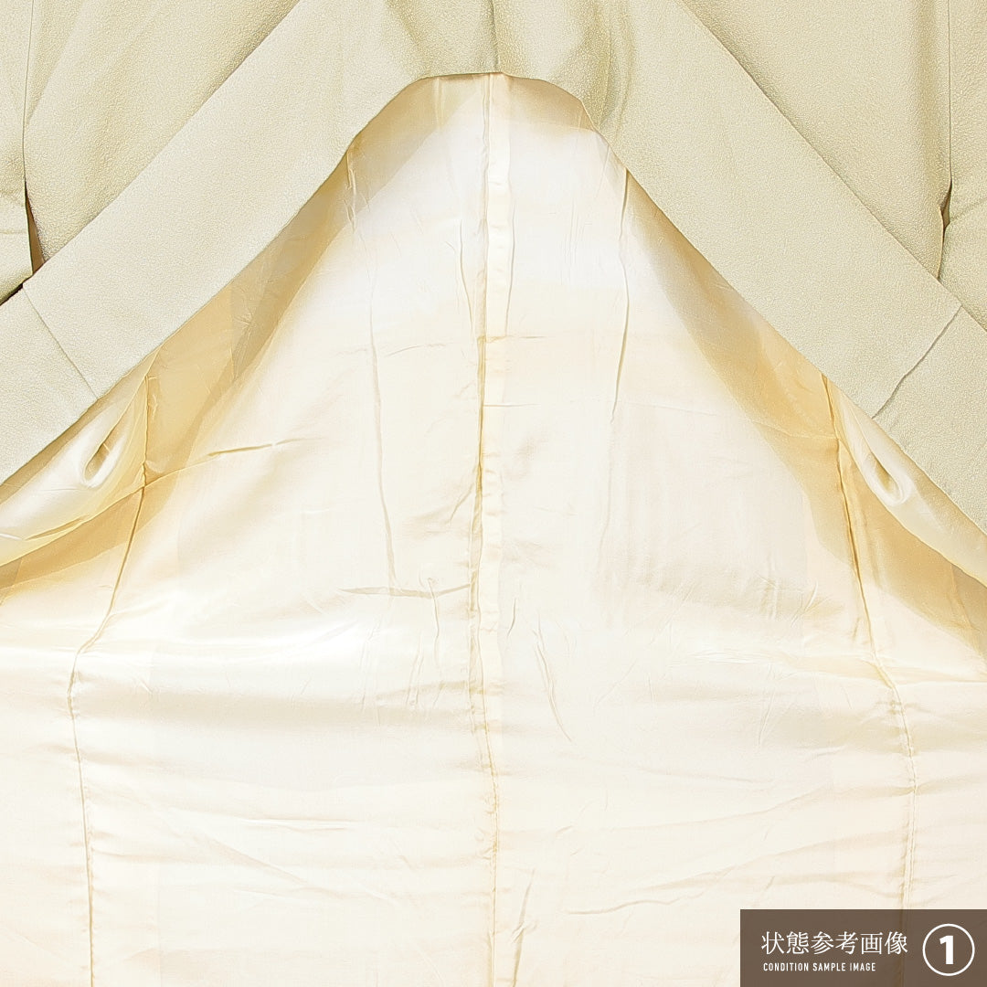 色無地 袷 身丈152cm 裄丈61cm 正絹 Bランク 一つ紋 (八つ鷹の羽車) セミフォーマル 広衿 Sサイズ 草木染め 本草木染作家 瑞寶 作家物 落款 無地 緑系 RP 1219-15211