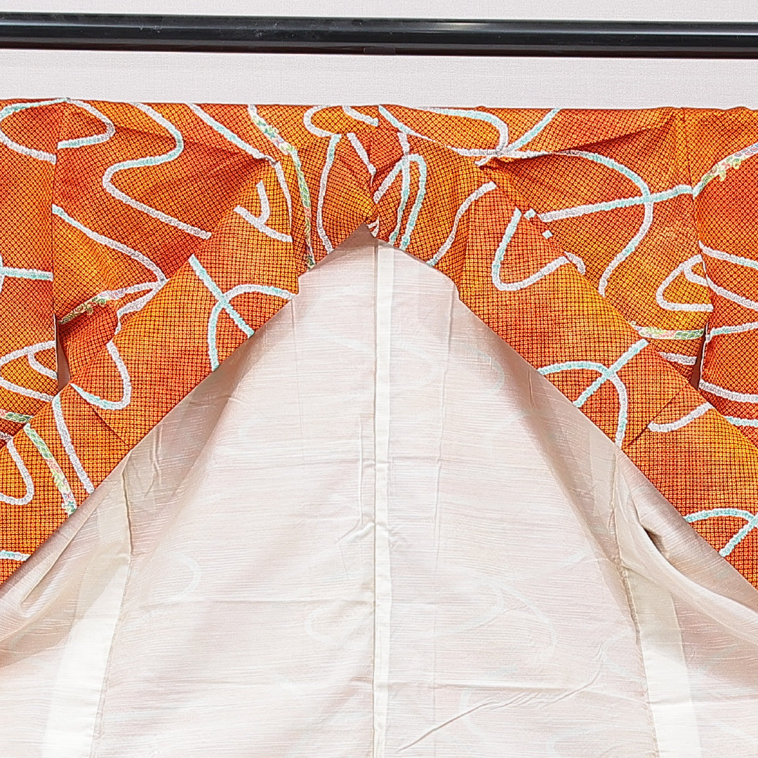 小紋 単衣 身丈158cm 裄丈64cm 正絹 Sランク Mサイズ 広衿 インフォーマル 創作柄 朱系 1215-15686