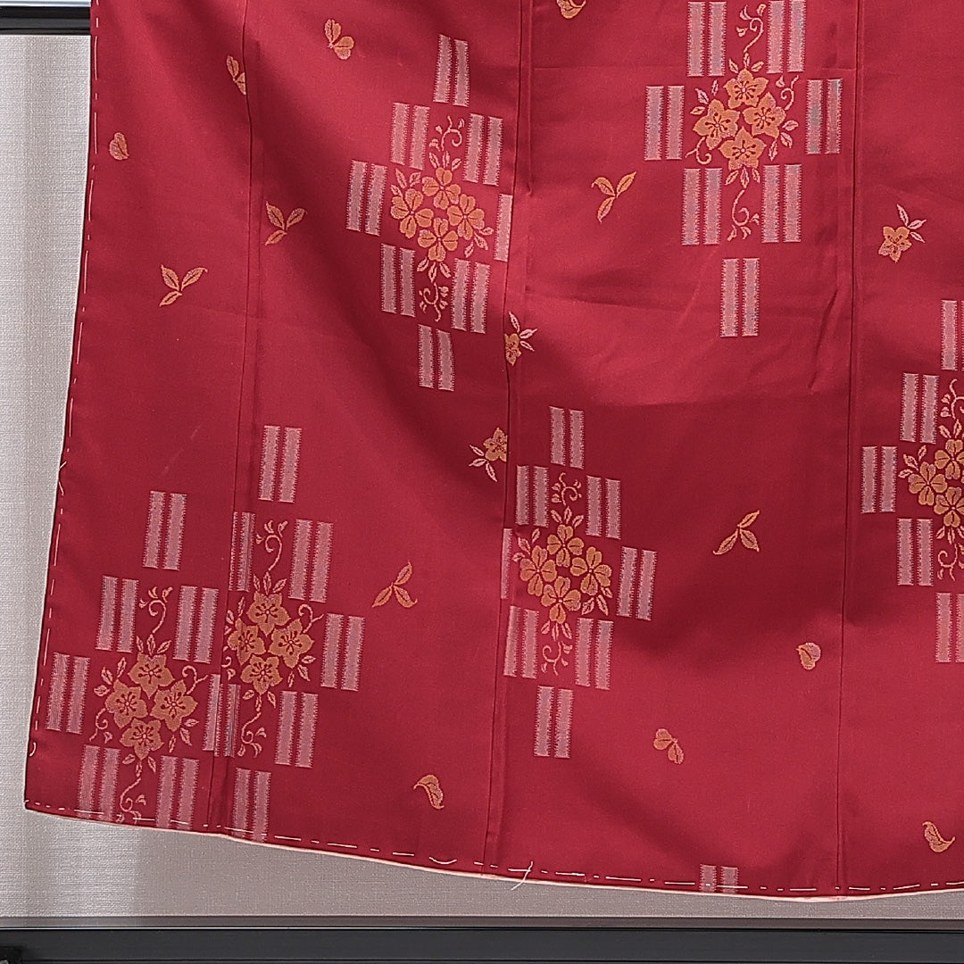 お召 袷 身丈155cm 裄丈60cm 正絹 Cランク インフォーマル バチ衿 Mサイズ 花柄 赤系 LP 1222-15583