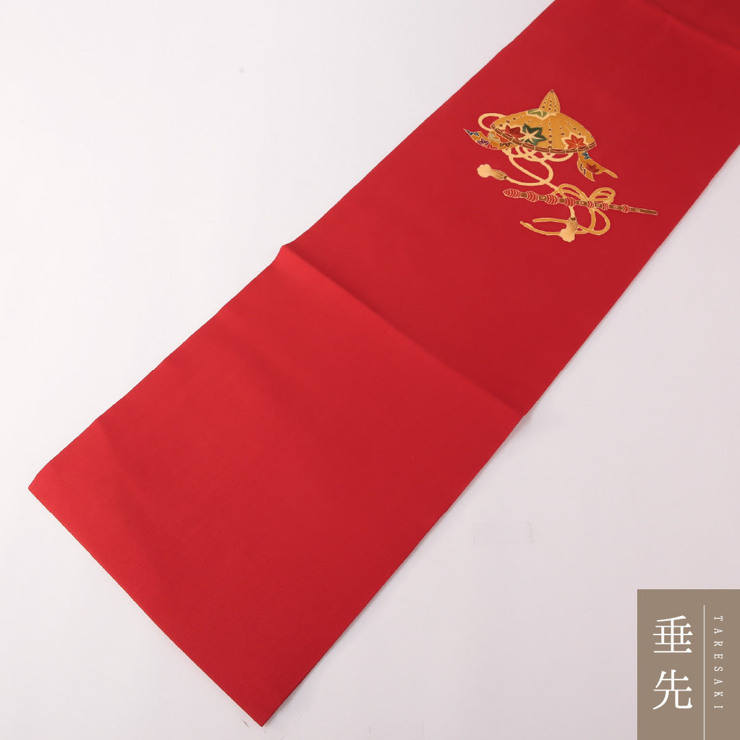 九寸名古屋帯 帯丈371cm カジュアル 名古屋仕立て ポイント柄 Sランク 正絹 染め帯 塩瀬 楽器 赤系 朱系 1224-03190