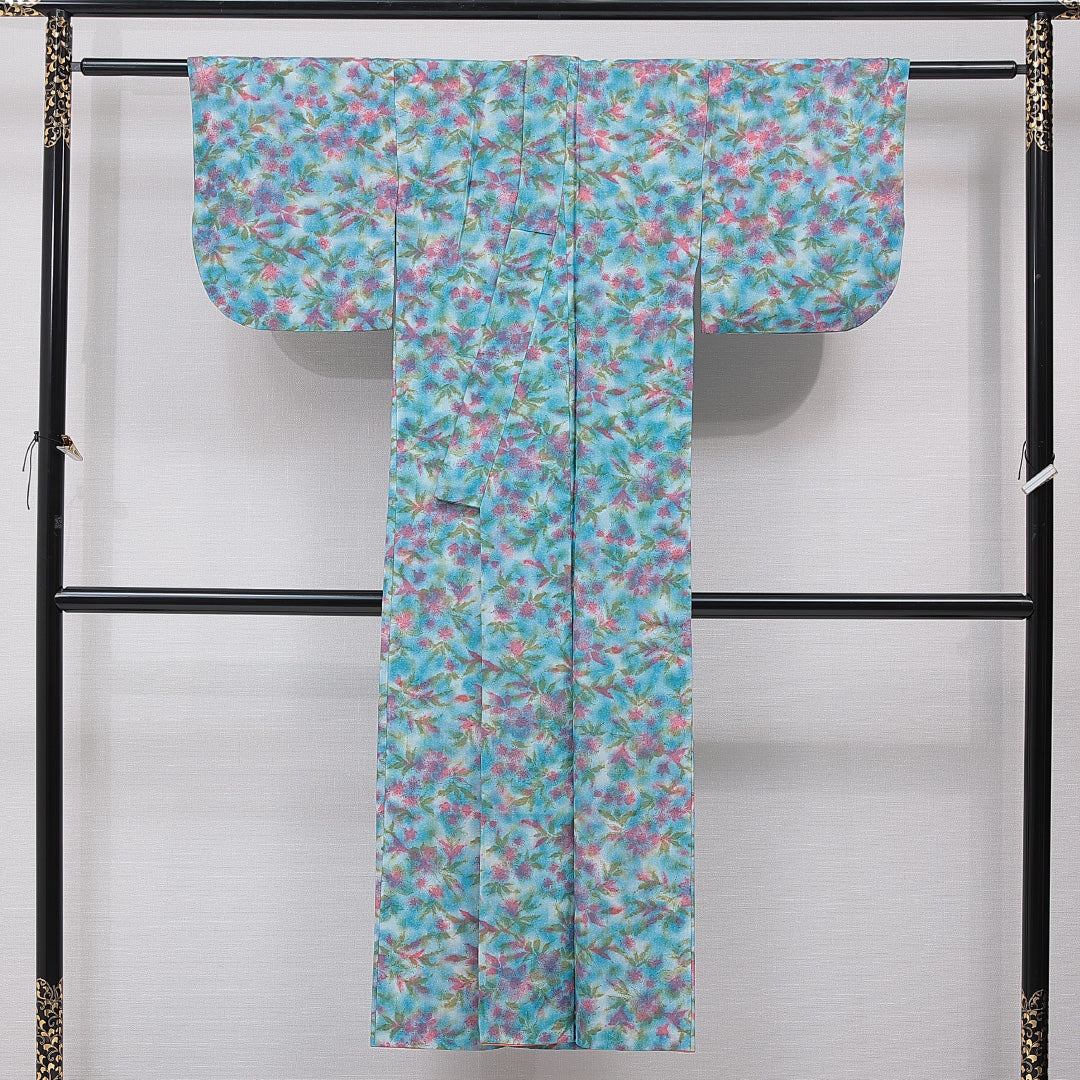 小紋 袷 身丈141cm 裄丈56cm 正絹 Sランク インフォーマル バチ衿 XSサイズ 花柄 水色系 RP 1221-15476