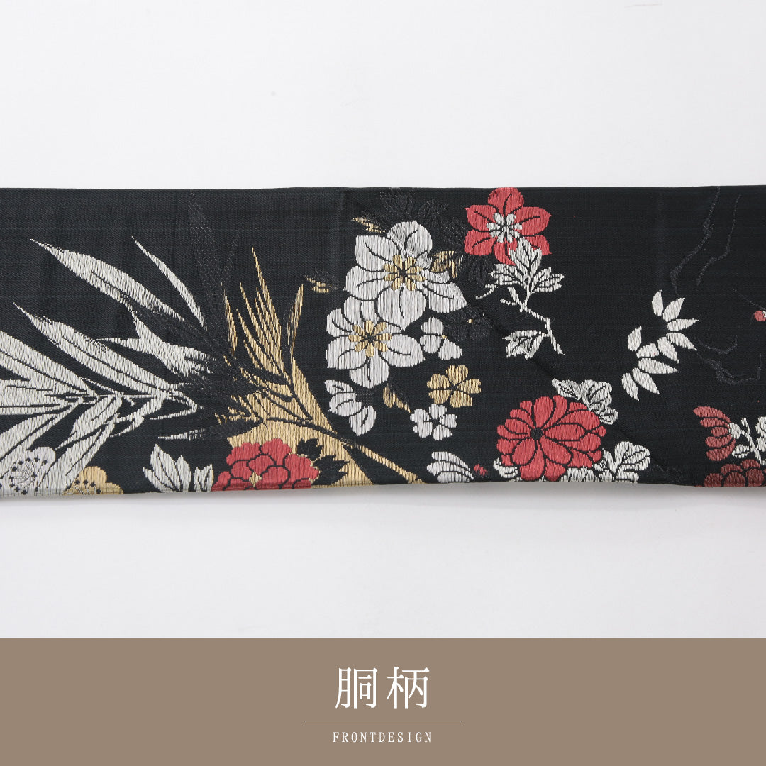 アンティーク 九寸名古屋帯 帯丈342cm 名古屋仕立て 六通 Aランク 正絹 大島織 牡丹 菊 黒系 1224-03970