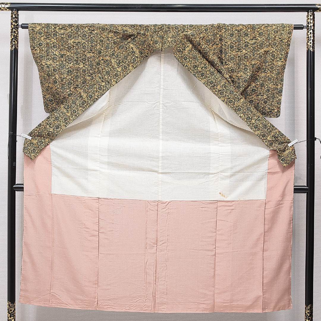 小紋 袷 身丈147cm 裄丈63cm 正絹 Aランク インフォーマル 広衿 XSサイズ 染め紬 蜀江 菊 黄系 RP 1221-15564