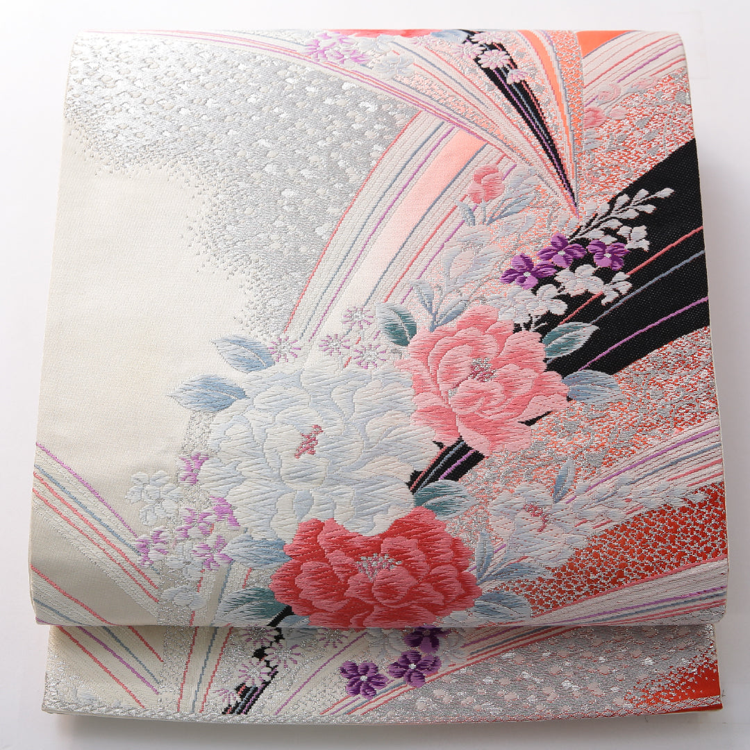 振袖用 袋帯 帯丈436cm 正絹 六通 花柄 吉祥文様 クリーム系 1243-02153