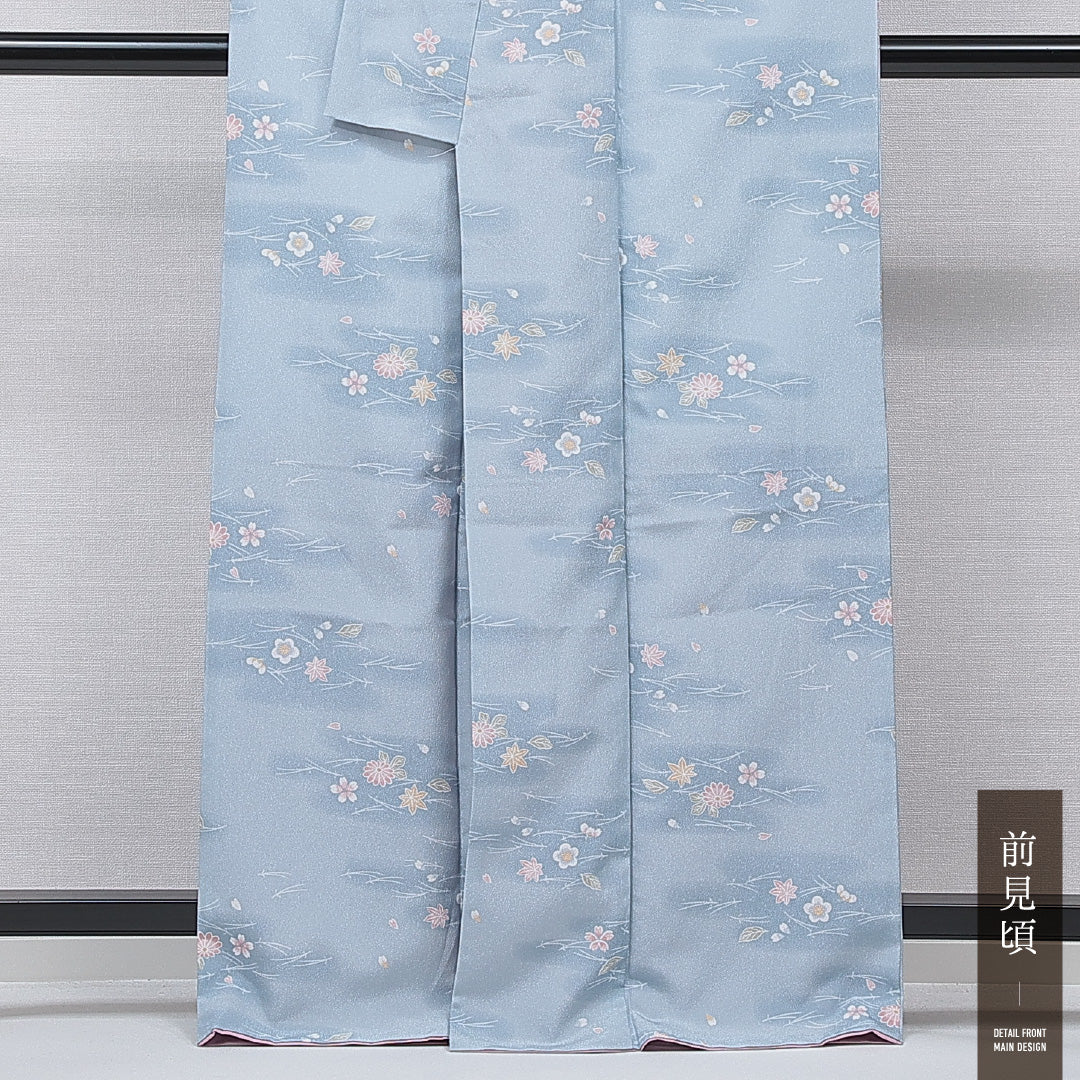 小紋 洗える着物 袷 身丈164cm 裄丈68cm ポリエステル Sランク Lサイズ 広衿 インフォーマル 梅 紅葉 水色系 1215-15796