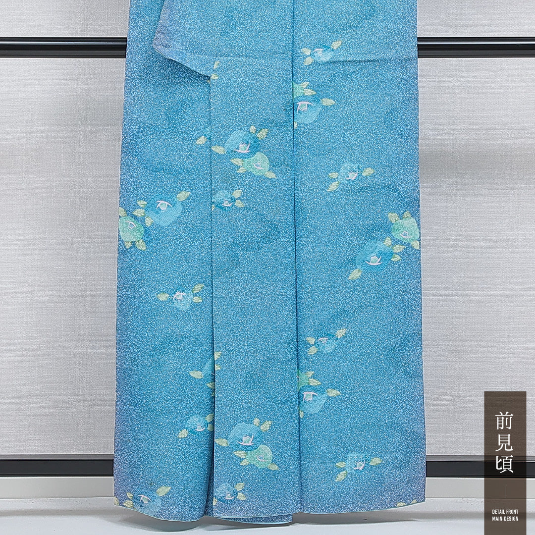 洗える着物 小紋 袷 身丈160cm 裄丈62cm ポリエステル Cランク インフォーマル 広衿 Lサイズ 椿 青系 LP 1221-16078