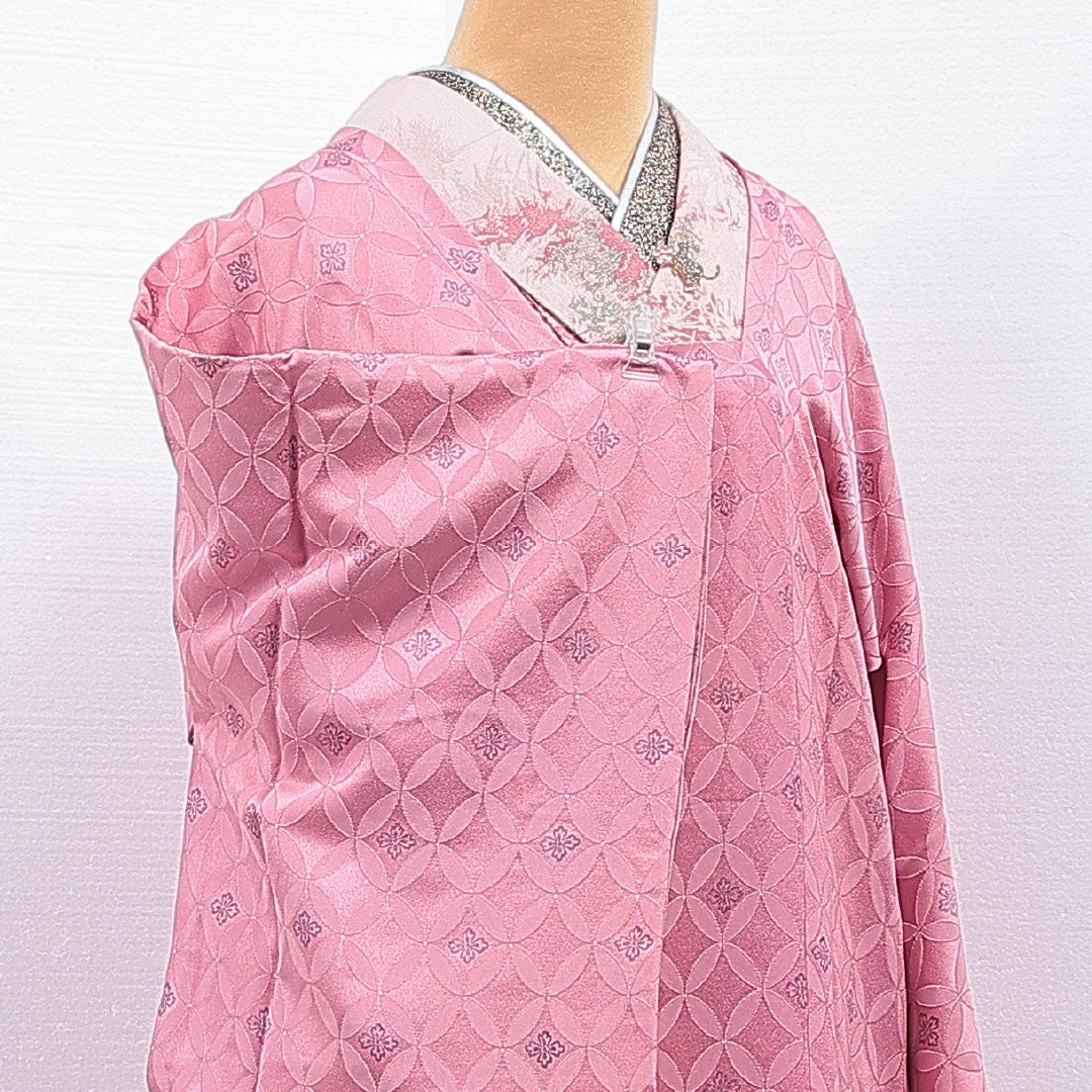 道行コート 袷 身丈87cm 裄丈64cm 正絹 Sランク Mサイズ フォーマル ポケットあり 織り出し 七宝 ピンク系 1263-16862