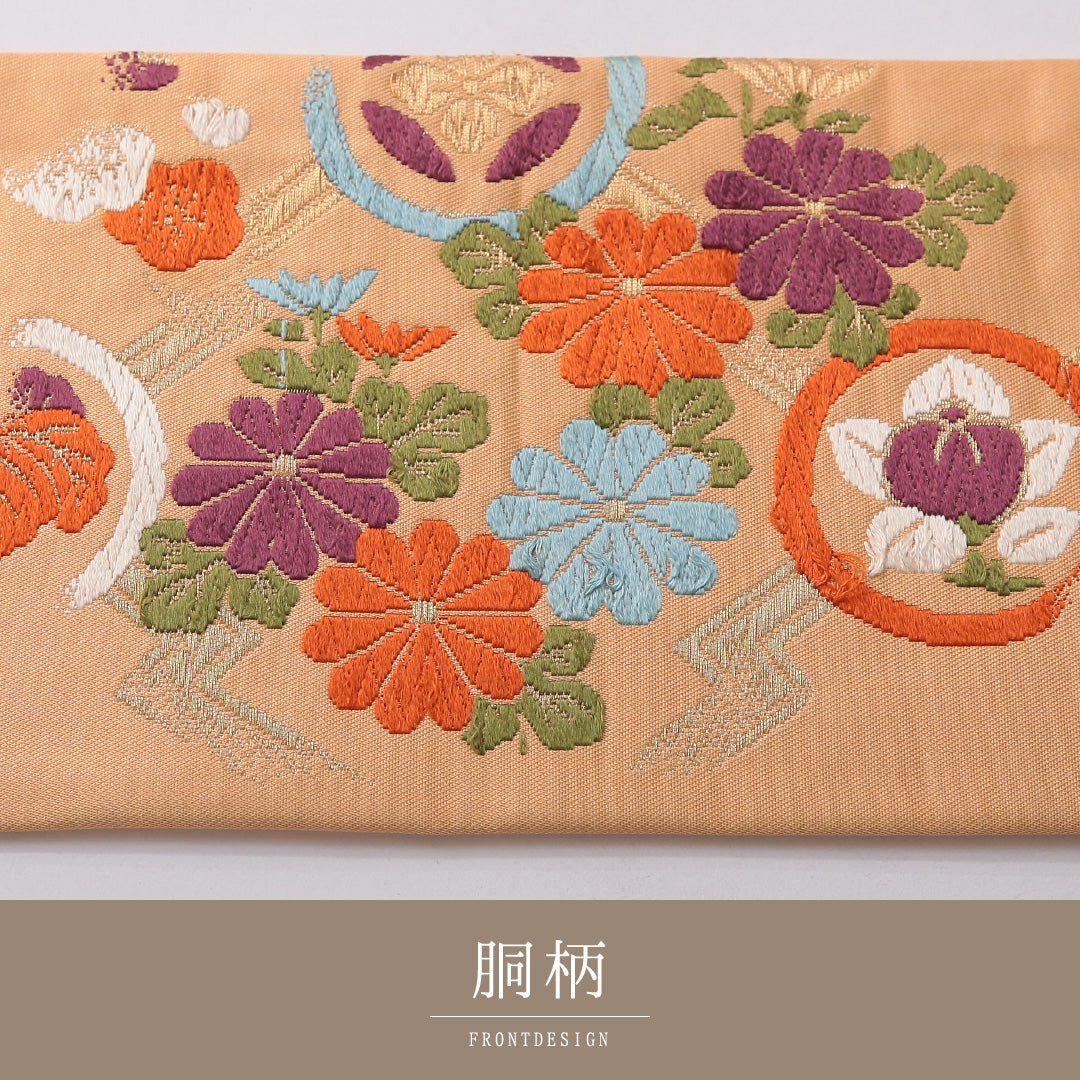 九寸名古屋帯 帯丈354cm セミフォーマル 名古屋仕立て ポイント柄 Cランク 正絹 菊 朱系 1224-03552