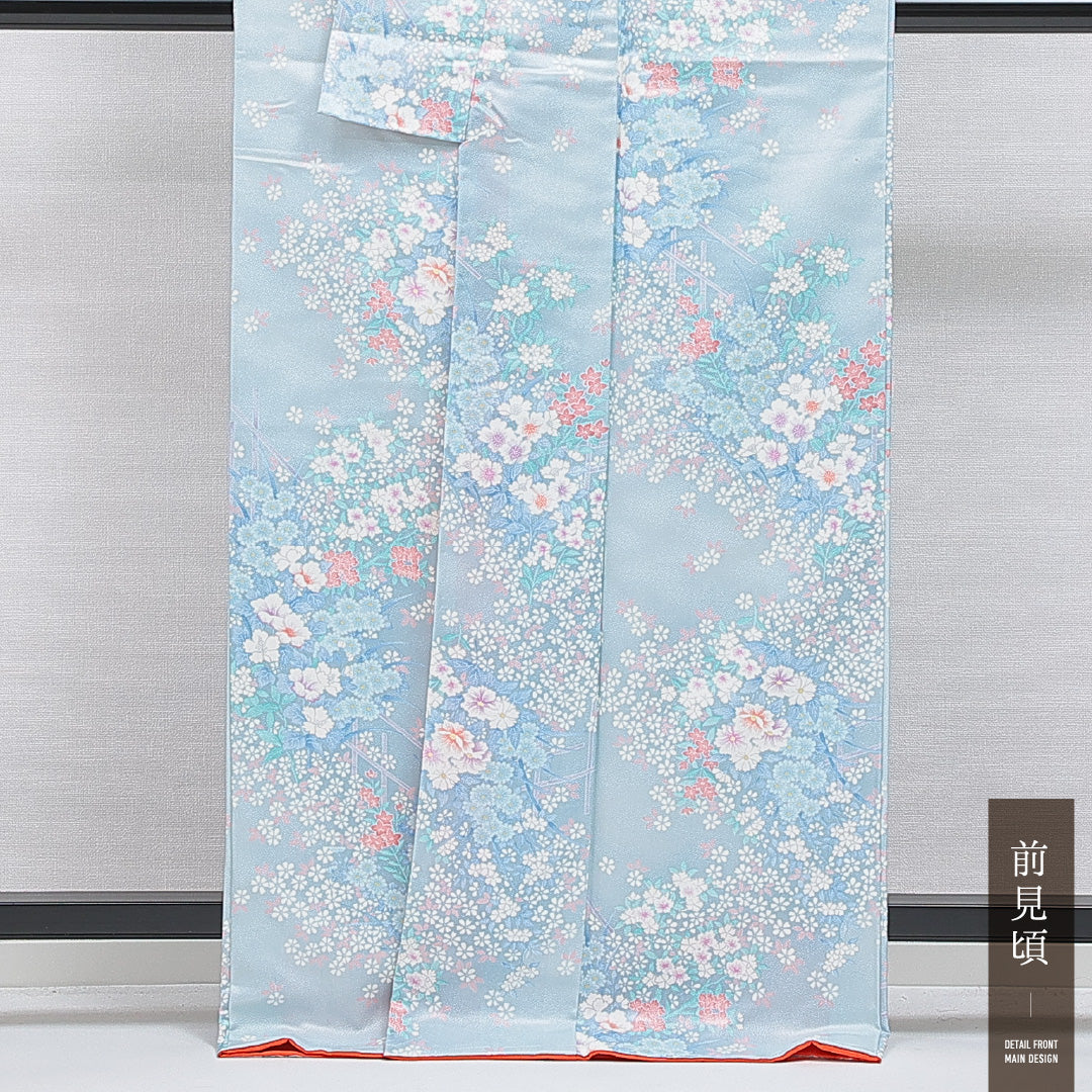 小紋 洗える着物 袷 身丈164cm 裄丈65cm ポリエステル Cランク Lサイズ 広衿 インフォーマル 花柄 水色系 1215-16255