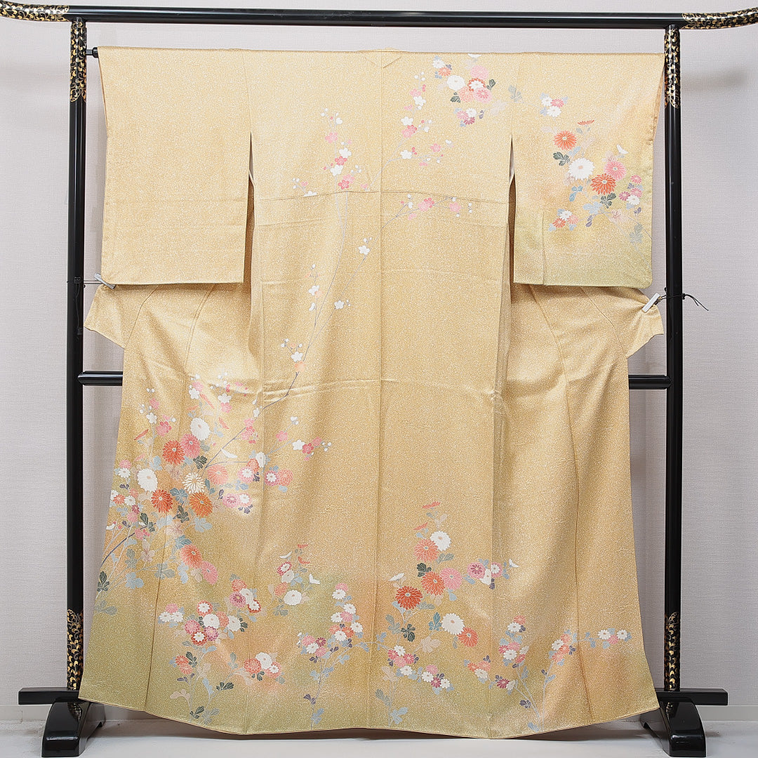 訪問着 袷 身丈162cm 裄丈66cm 正絹 Sランク Lサイズ 広衿 セミフォーマル 菊 ぼかし染 金系 1212-15722