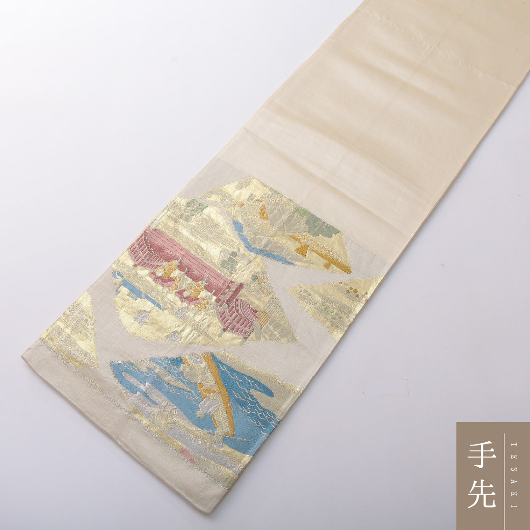 袋帯 帯丈404cm 正絹 六通 帯芯なし セミフォーマル 江戸 風景柄 金系 クリーム系 1243-02032