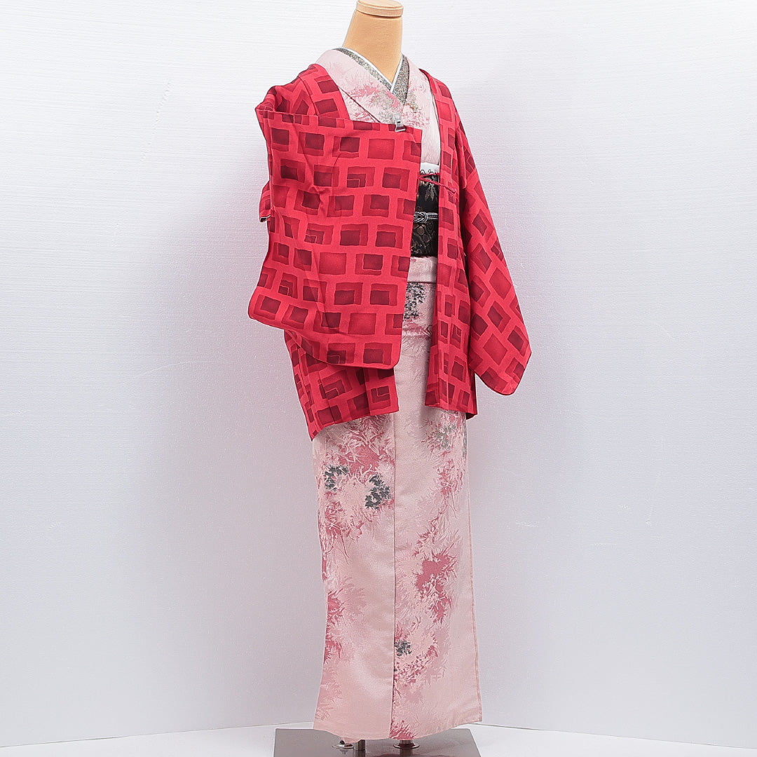 羽織 袷 身丈74cm 裄丈62cm 正絹 Sランク カジュアル Sサイズ 紐あり 創作柄 ピンク系 RP 1232-16133