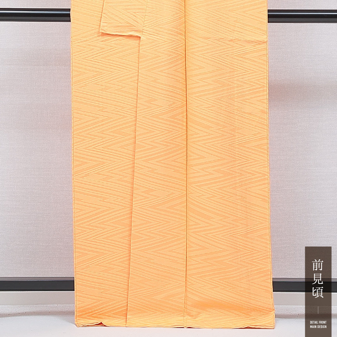 色無地 袷 身丈167cm 裄丈65cm 正絹 Aランク 一つ紋 (五三桐) 紋意匠 (抽象柄) セミフォーマル 広衿 XLサイズ 黄系 HP 1219-16725