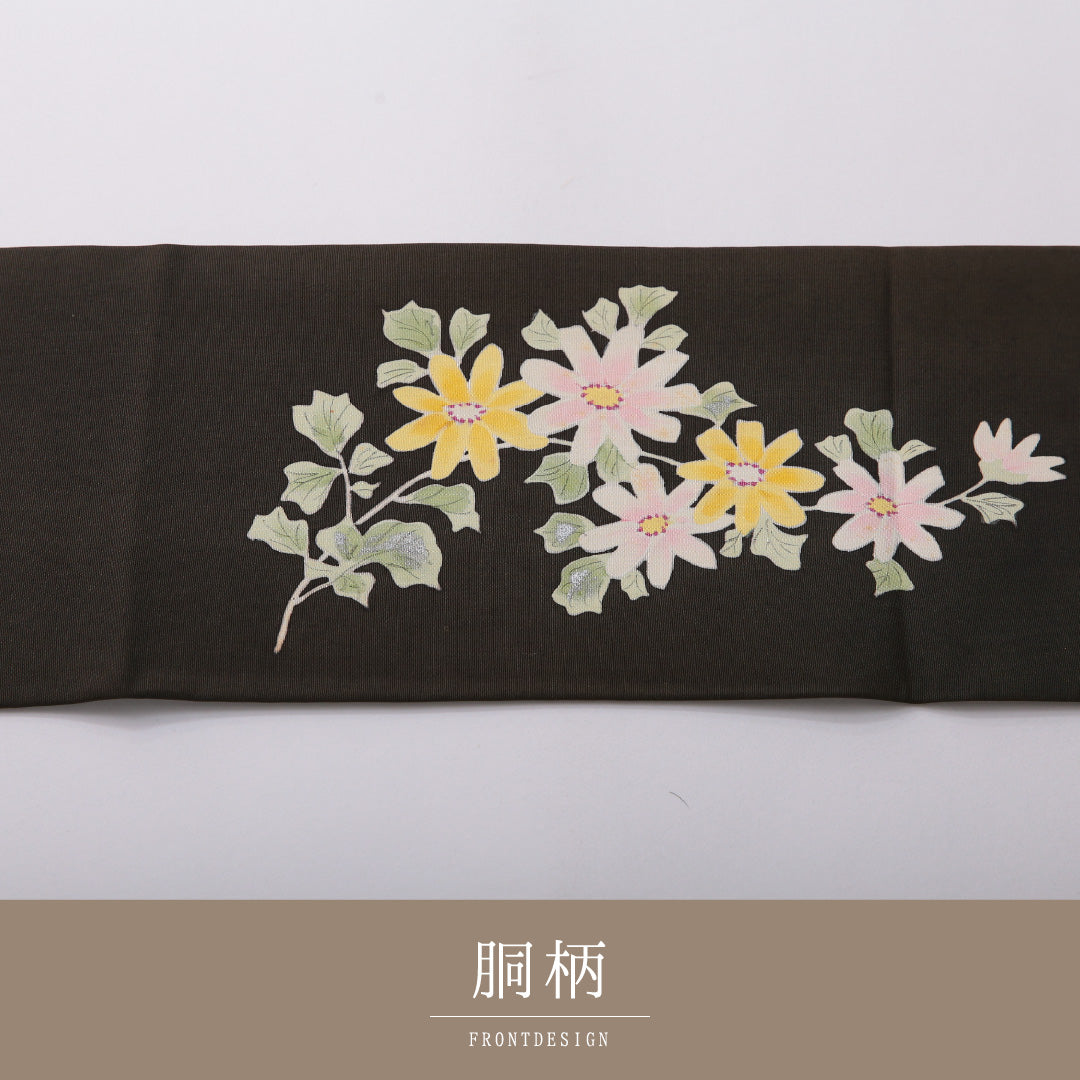 九寸名古屋帯 Cランク 帯丈361cm 正絹 ポイント柄 名古屋仕立て 染め インフォーマル 塩瀬 花柄 深い緑系 HP 1245-03362