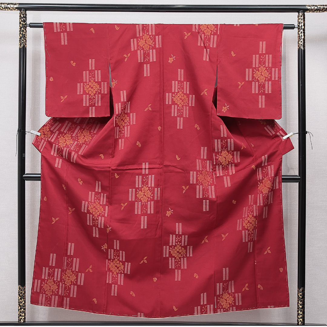 お召 袷 身丈155cm 裄丈60cm 正絹 Cランク インフォーマル バチ衿 Mサイズ 花柄 赤系 LP 1222-15583