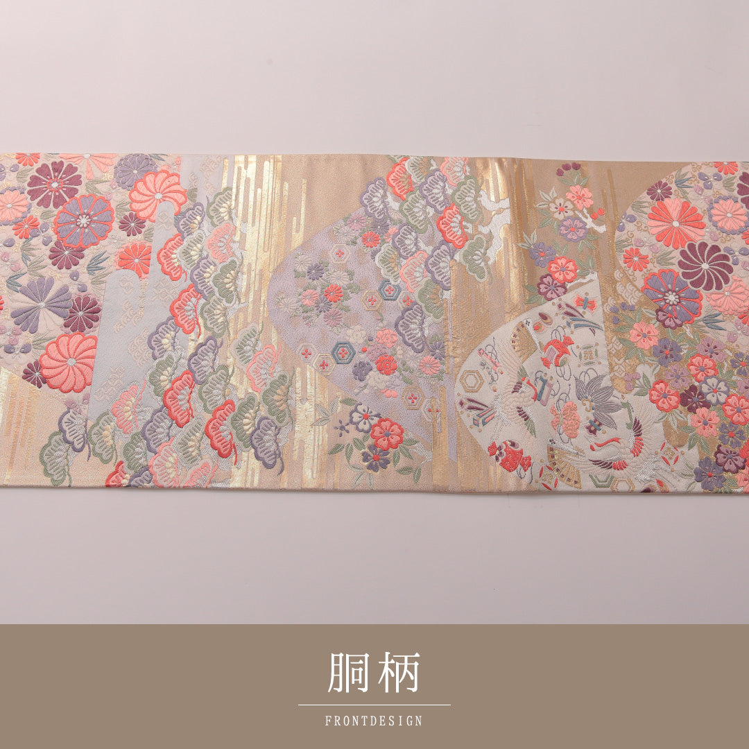 袋帯 帯丈444cm 正絹 六通 フォーマル 唐織 貝合わせ 吉祥文様 金系 白系 1243-01767
