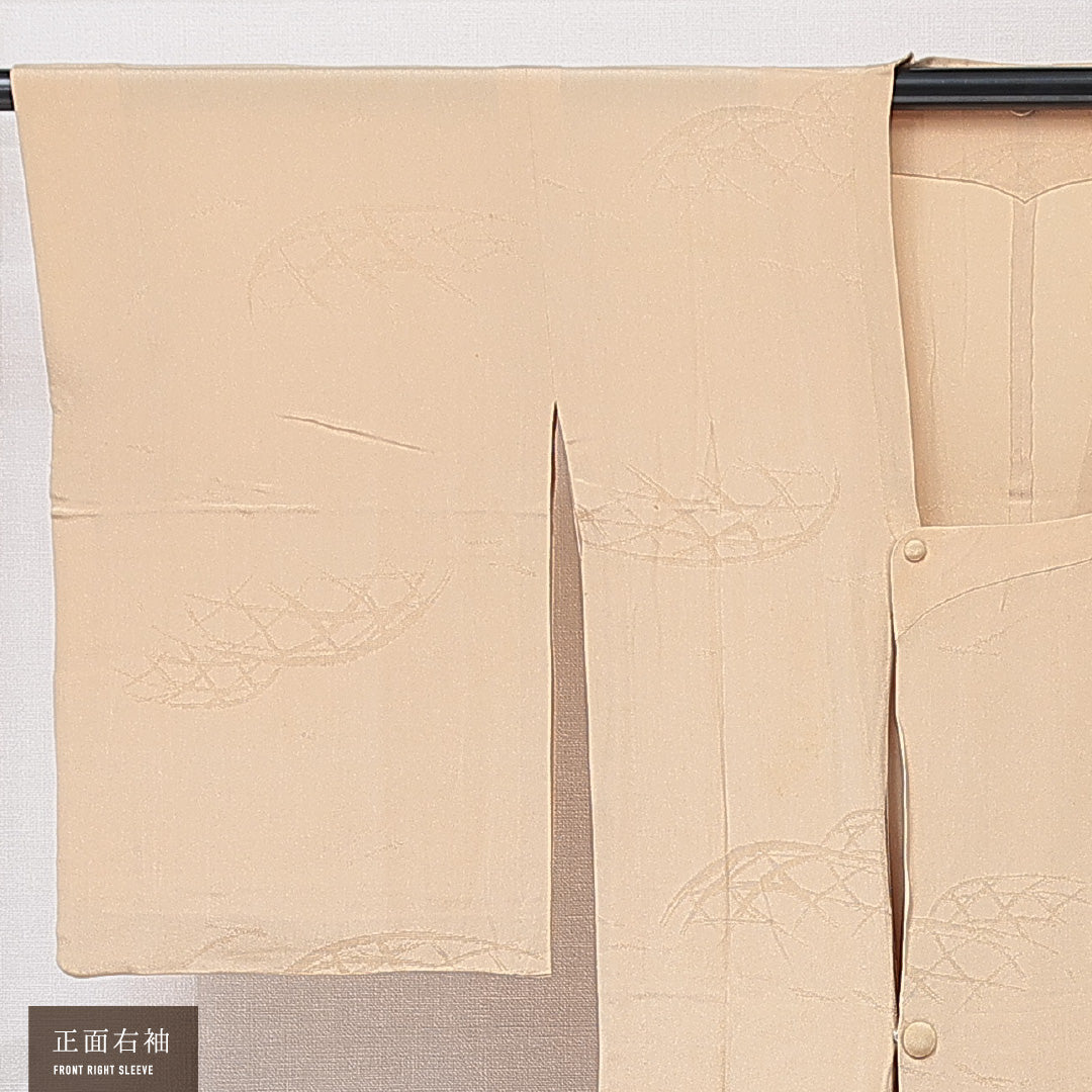 道行コート 単衣 身丈101cm 裄丈61cm 正絹 Aランク セミフォーマル Sサイズ 織り出し ポケットあり 籠目 ベージュ系 RP 1237-15182