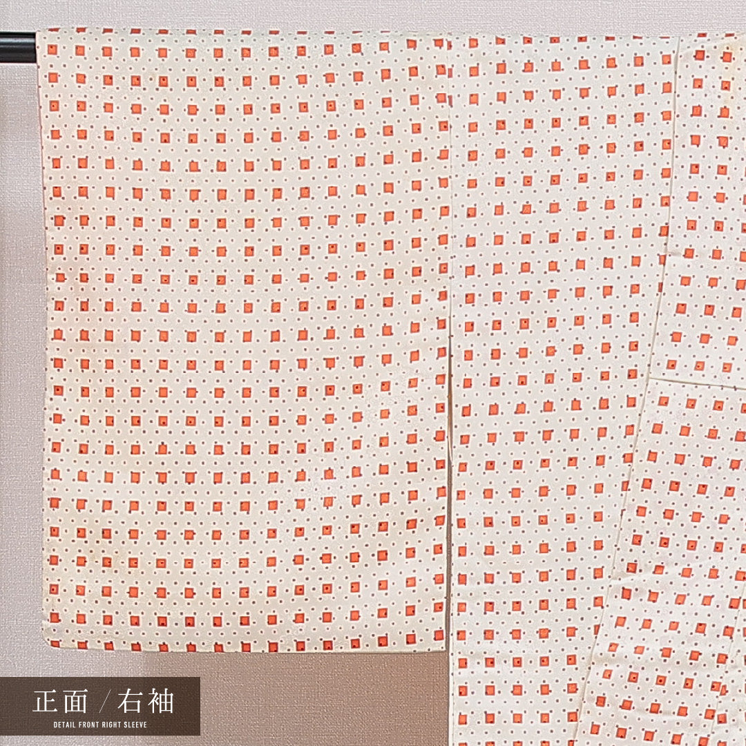 洗える着物 小紋 袷 身丈154cm 裄丈63cm ポリエステル Aランク インフォーマル 広衿 Sサイズ 創作柄 朱系 RP 1221-16395