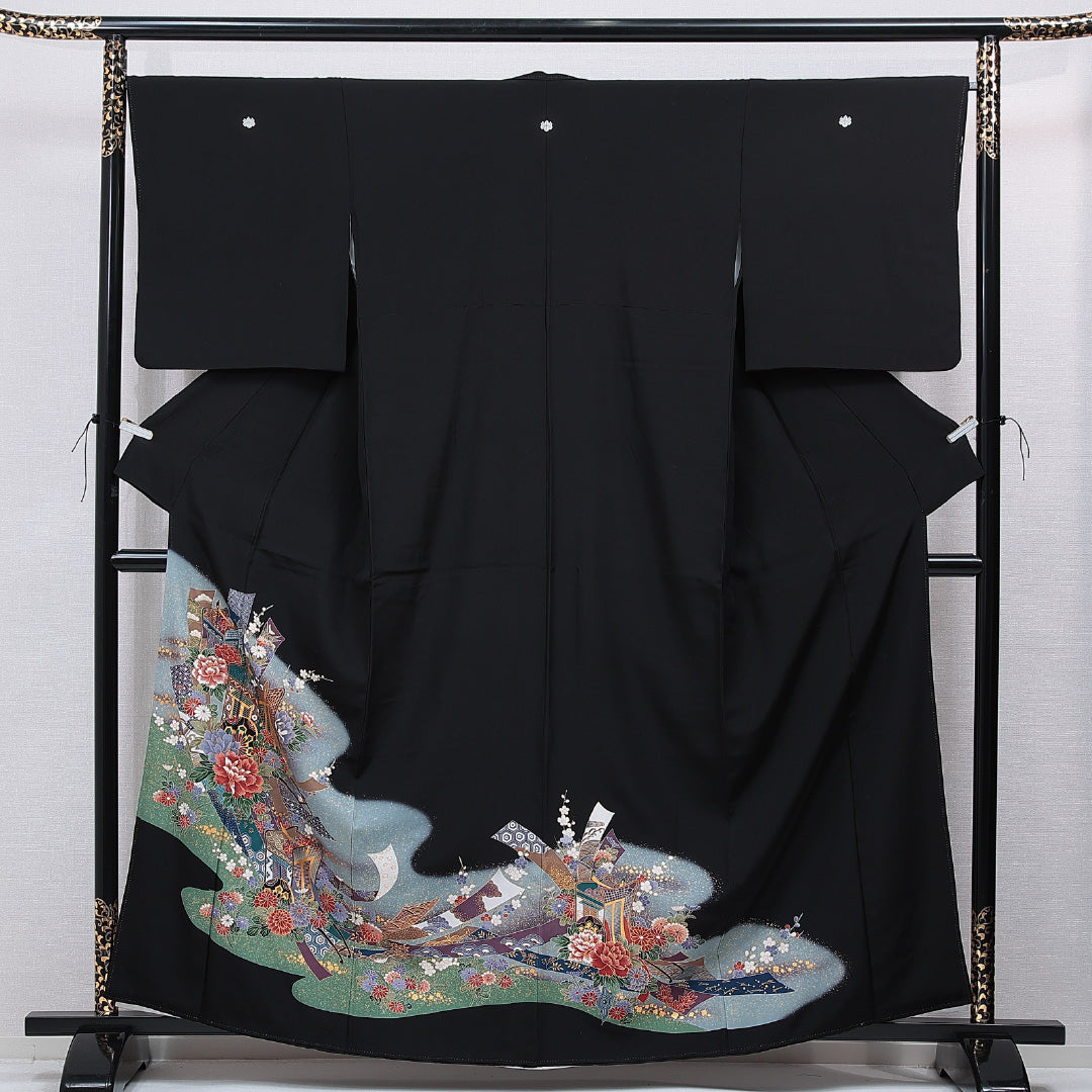 黒留袖 袷 身丈161cm 裄丈66cm 五つ紋 五三桐 フォーマル Sランク Lサイズ 正絹 比翼仕立て 広衿 花車 七宝 梅 1211-F0764