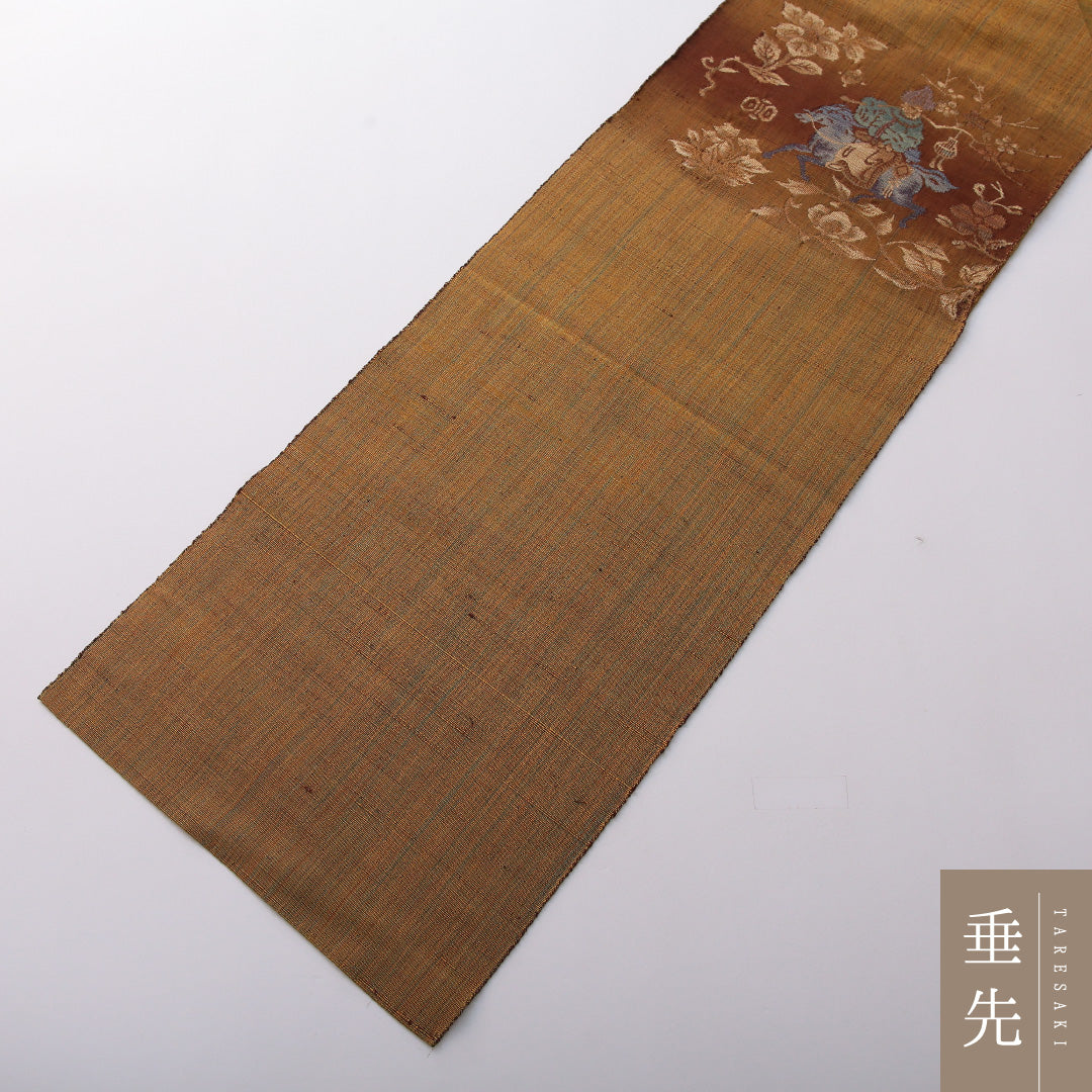 八寸名古屋帯 Sランク 帯丈344cm 正絹 ポイント柄 名古屋仕立て 帯芯なし 織り カジュアル 騎馬人物 黄系 RP 1245-03549