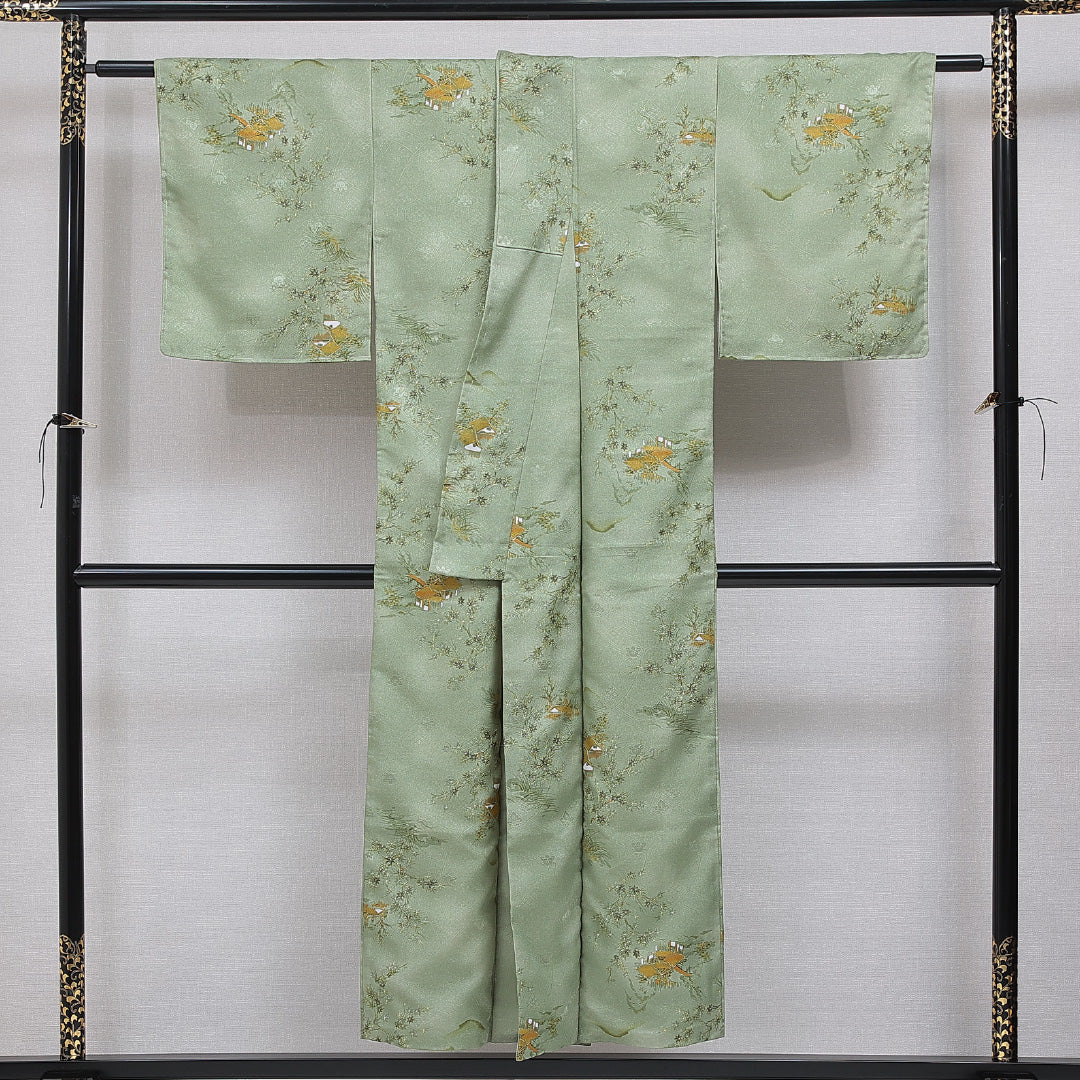 洗える着物 小紋 袷 身丈148cm 裄丈62cm ポリエステル Sランク 紋意匠 (吉祥文様) インフォーマル 広衿 XSサイズ 織り出し 茶屋辻 緑系 RP 1221-16108