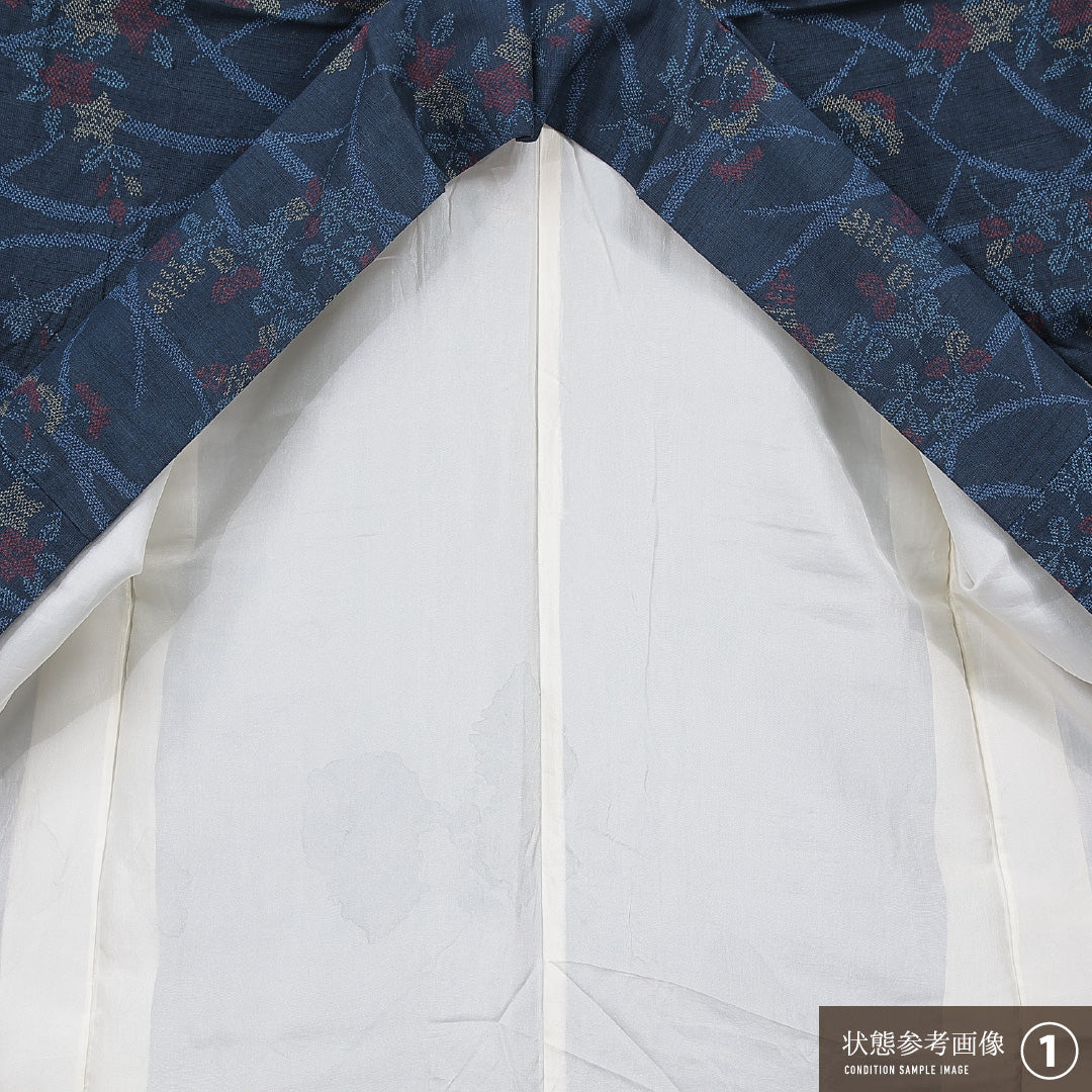 紬 袷 身丈165cm 裄丈67cm 正絹 Aランク カジュアル 広衿 XLサイズ 鉄線 素朴 可愛らしい 紺系 RP 1223-15775