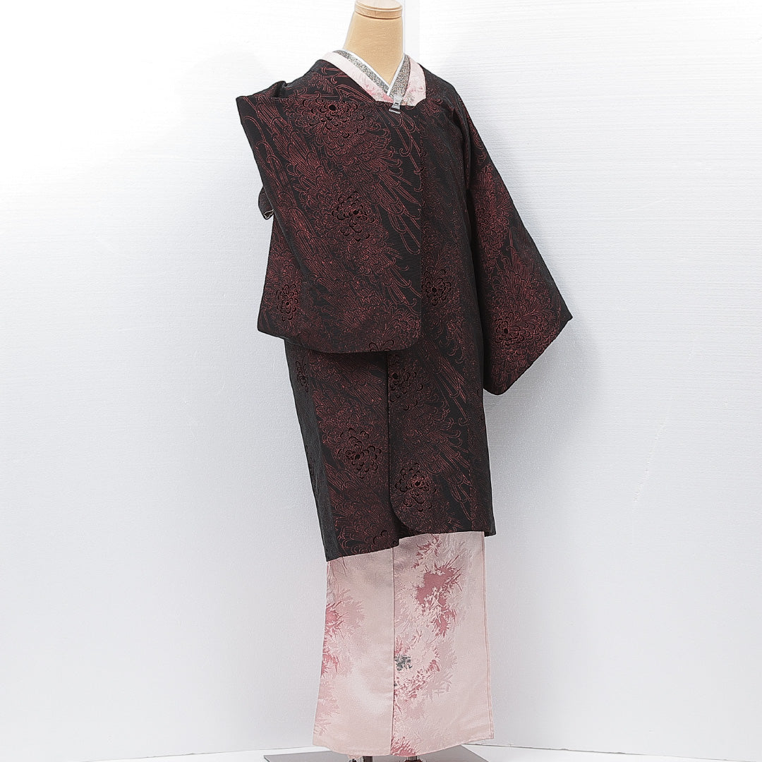 道行コート 袷 身丈103cm 裄丈31cm 正絹 Aランク Sサイズ フォーマル ポケットあり 植物柄 黒系 赤系 1263-15128