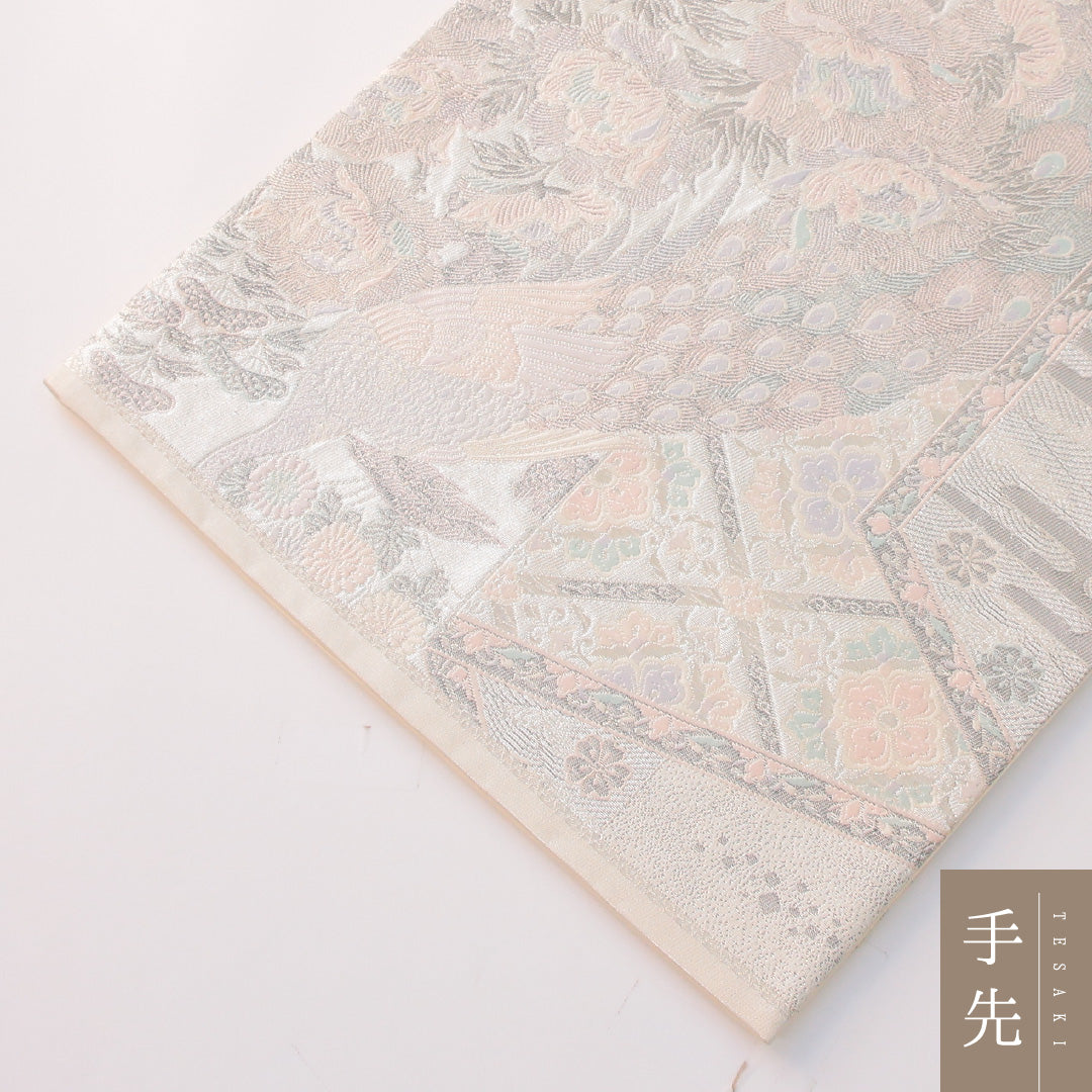 袋帯 帯丈432cm 正絹 六通 フォーマル 佐賀錦 孔雀 吉祥文様 銀系 1243-02301