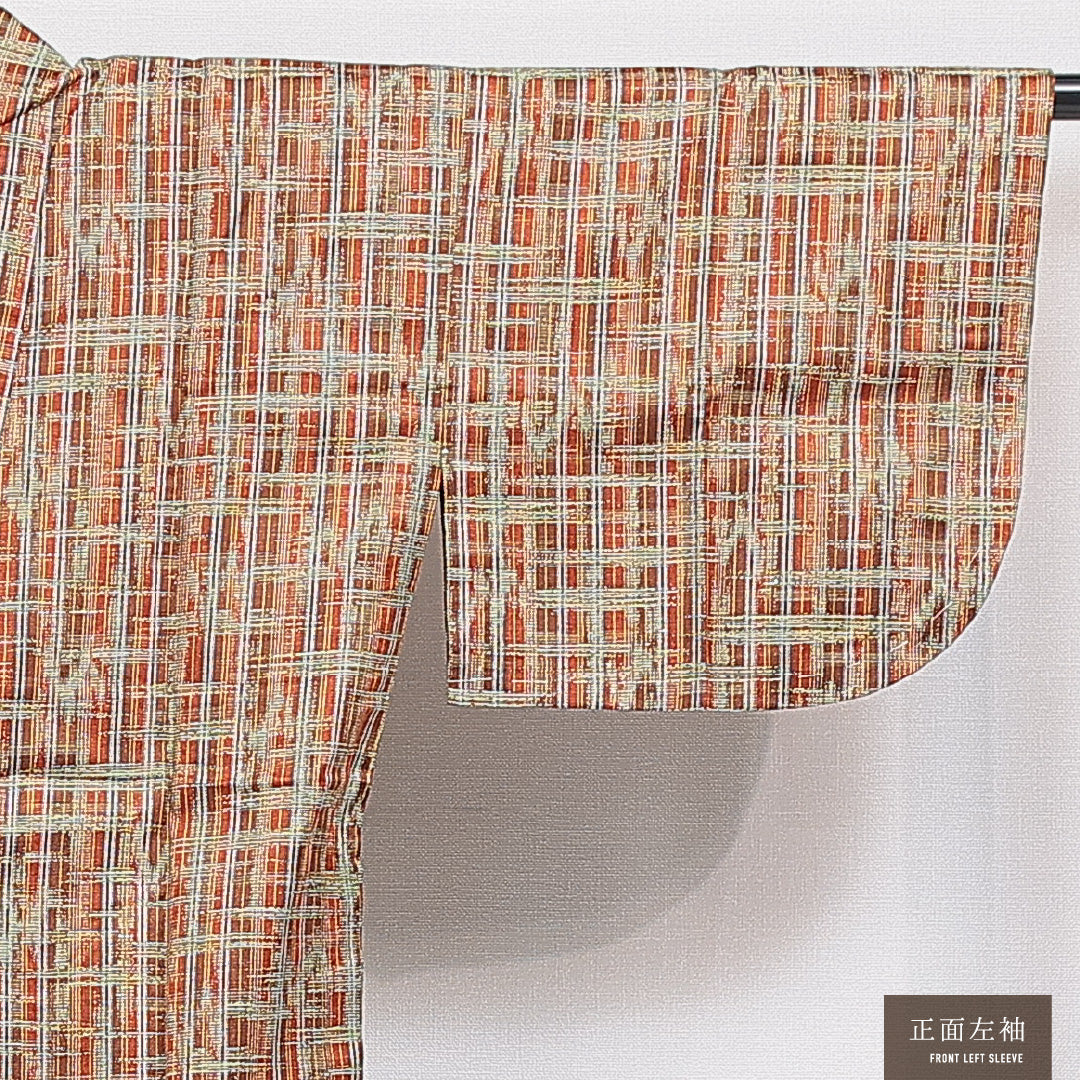 道中着 袷 身丈73cm 裄丈62cm 正絹 Sランク カジュアル Sサイズ 格子 茶系 RP 1236-16444