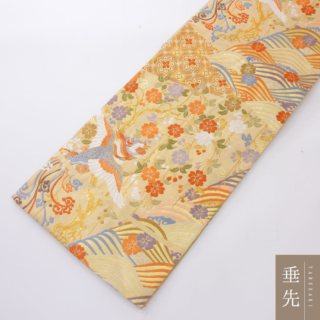 袋帯 帯丈444cm 正絹 六通 フォーマル 花喰鳥 蜀江 金系 1243-02184